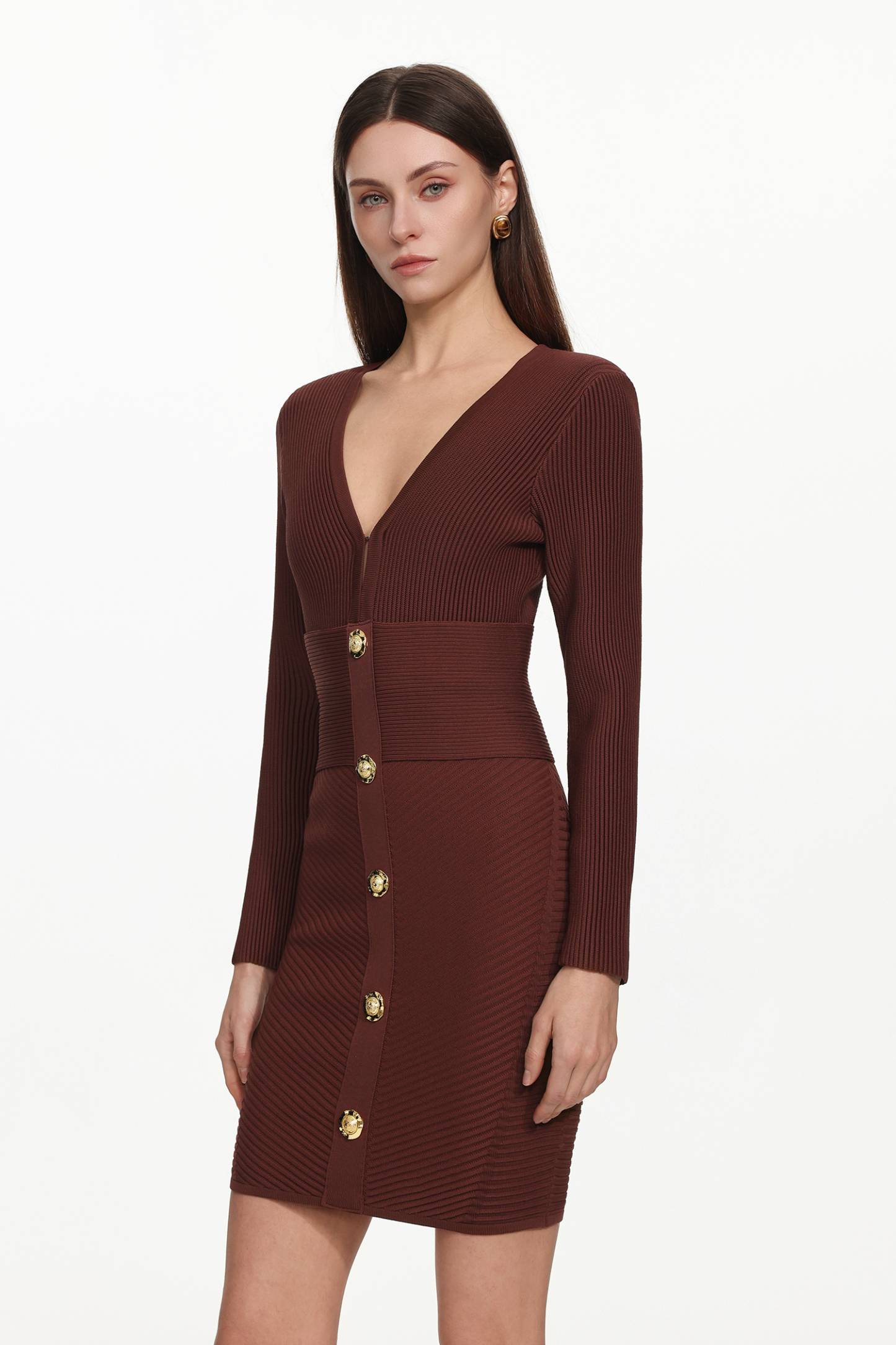 Davo Classic Contour V Neck Long Sleeve Buttoned Knit Mini Dress