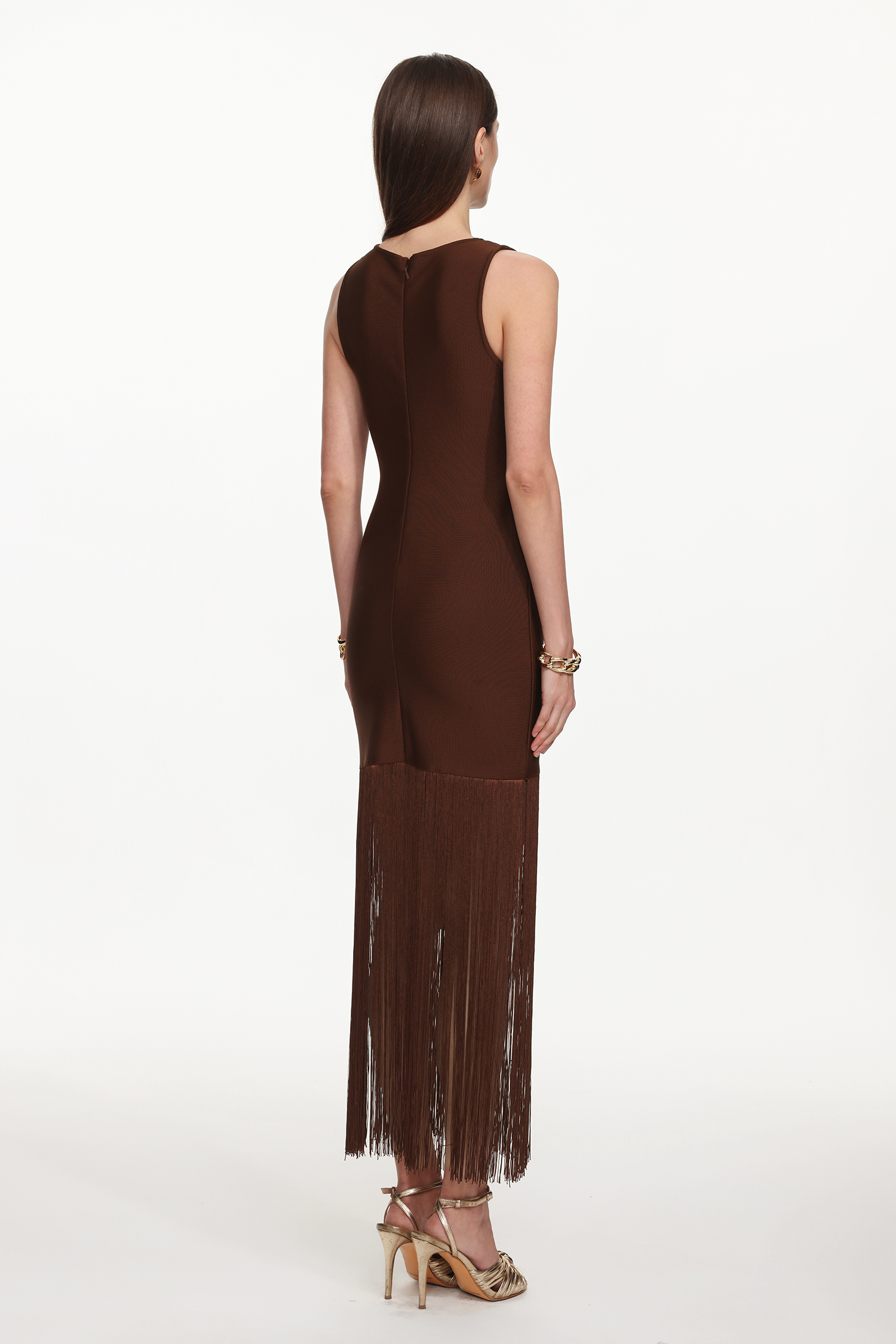 Genevieve Classic Contour Sleeveless Fringe Bandage Maxi Dress