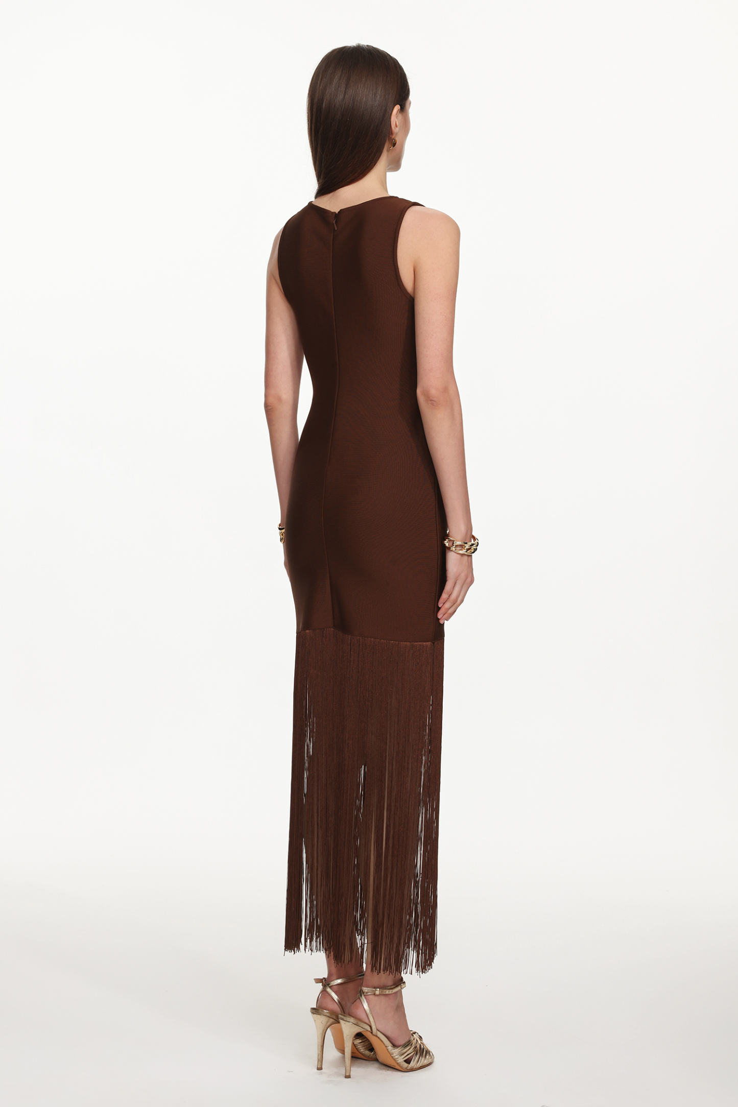 Genevieve Classic Contour Sleeveless Fringe Bandage Maxi Dress