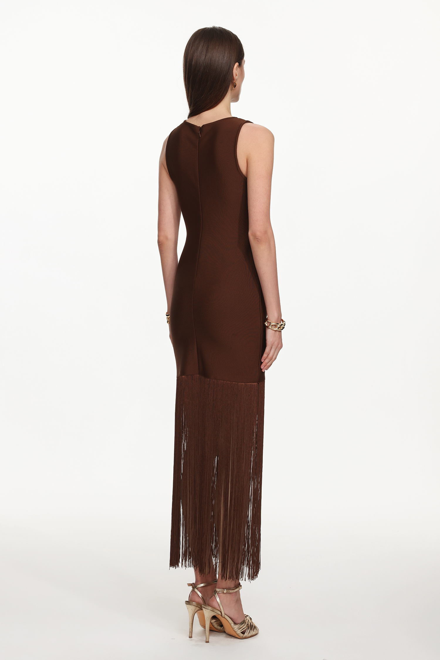 Genevieve Classic Contour Sleeveless Fringe Bandage Maxi Dress