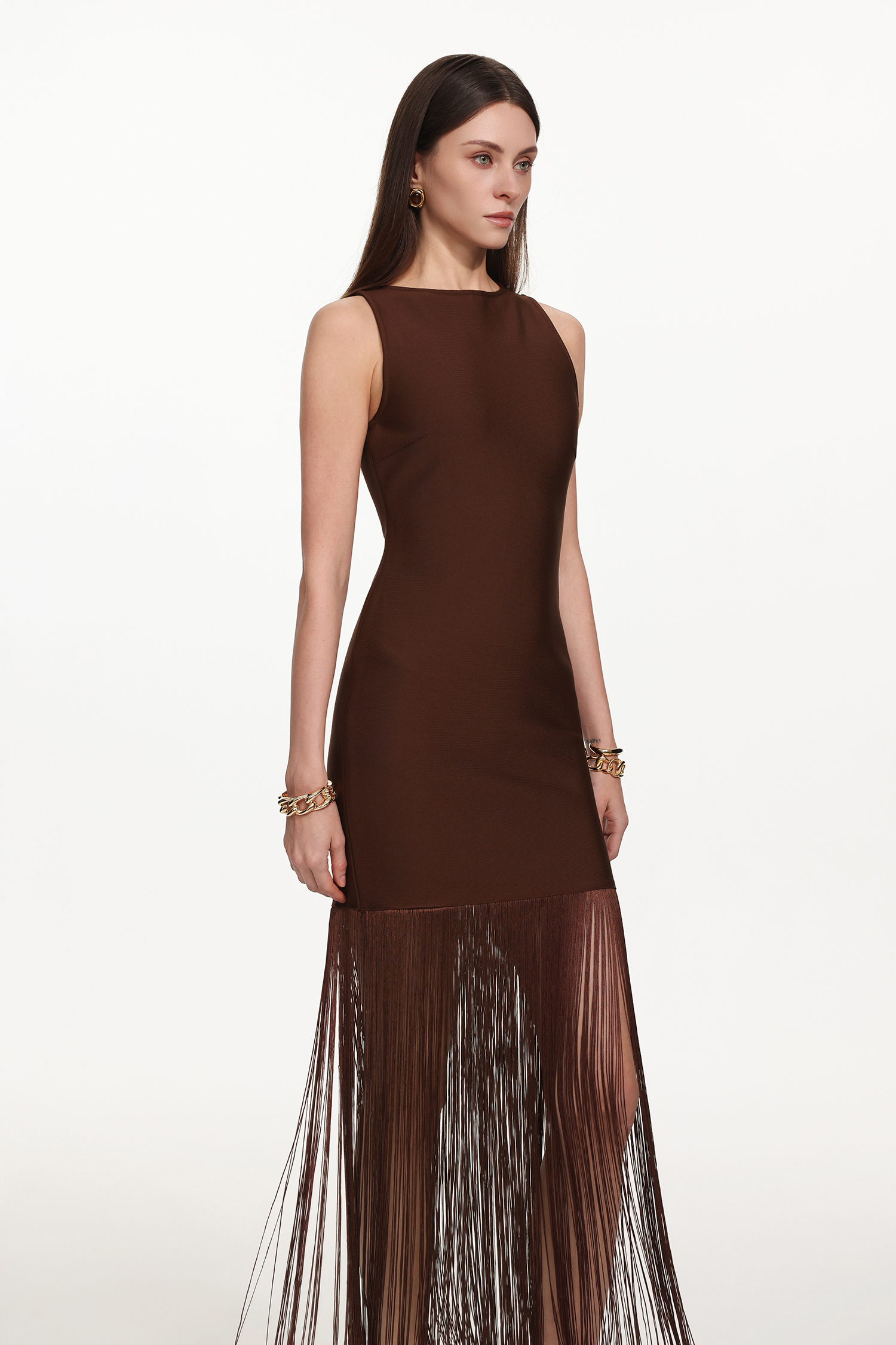 Genevieve Classic Contour Sleeveless Fringe Bandage Maxi Dress