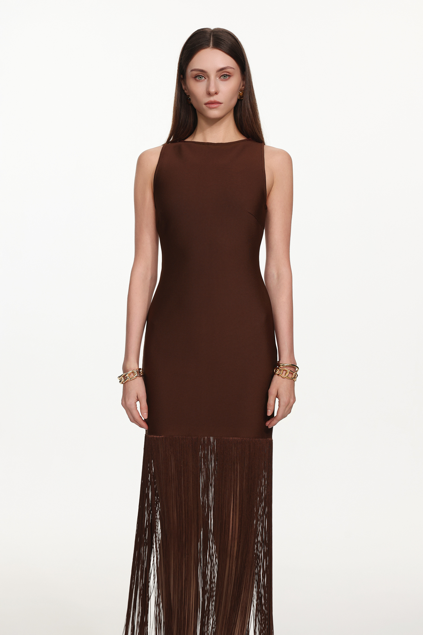 Genevieve Classic Contour Sleeveless Fringe Bandage Maxi Dress