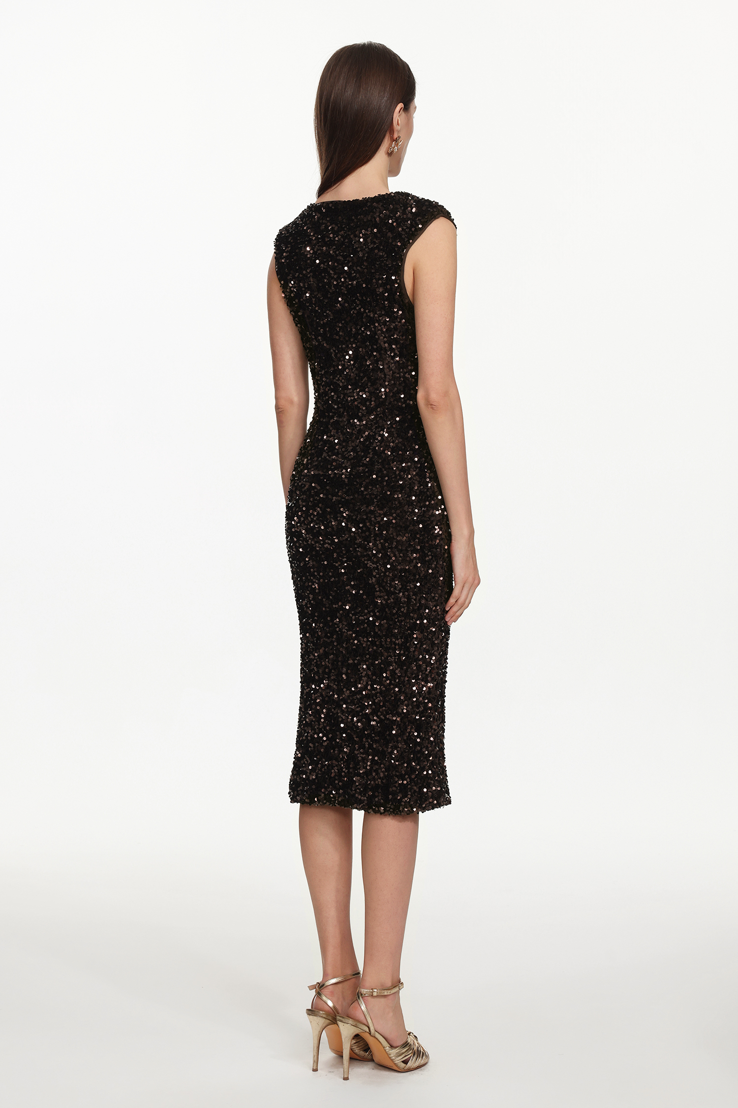 Viney Glamorous Contour V Neck Sleeveless Sequin Midi Dress