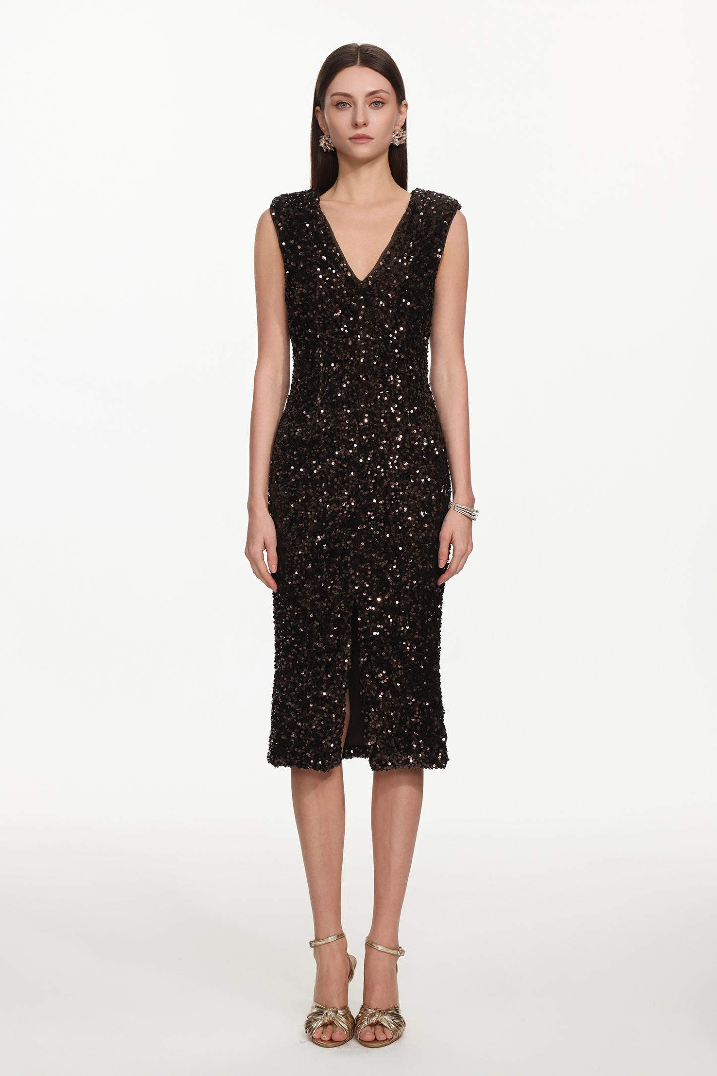 Viney Glamorous Contour V Neck Sleeveless Sequin Midi Dress