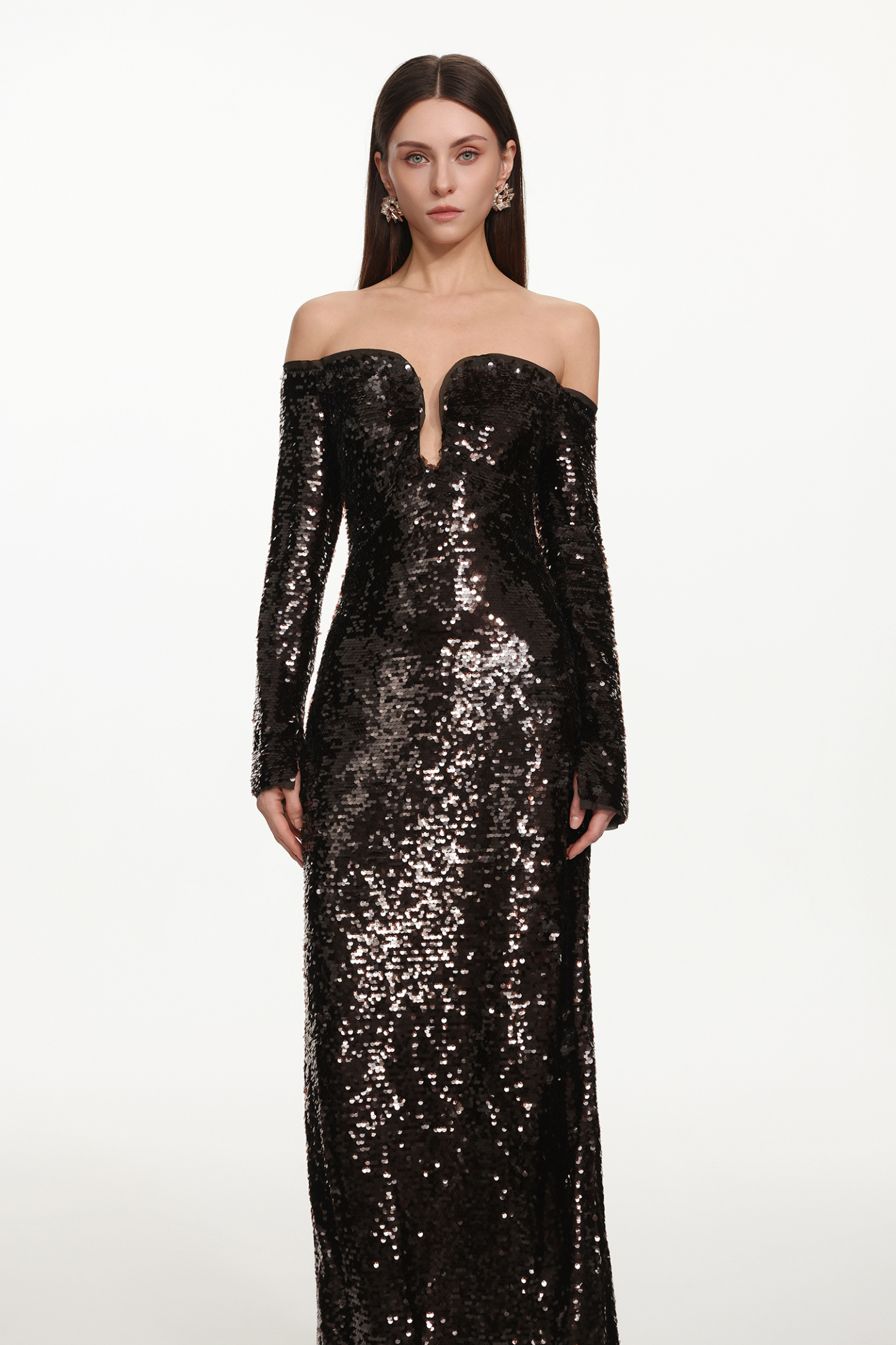 Savier Chic Contour Off Shoulder Long Sleeve Sequin Maxi Dress