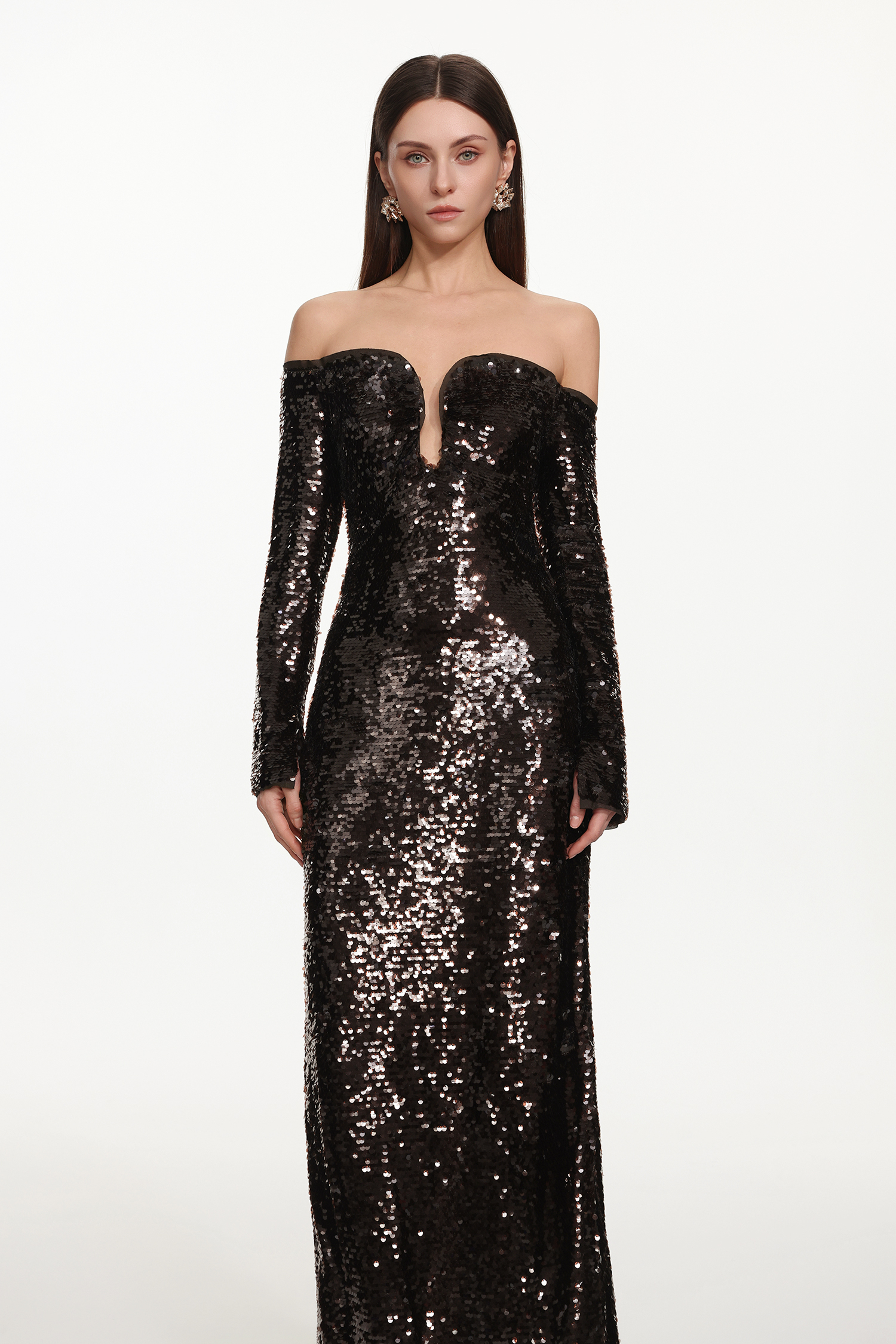 Savier Chic Contour Off Shoulder Long Sleeve Sequin Maxi Dress