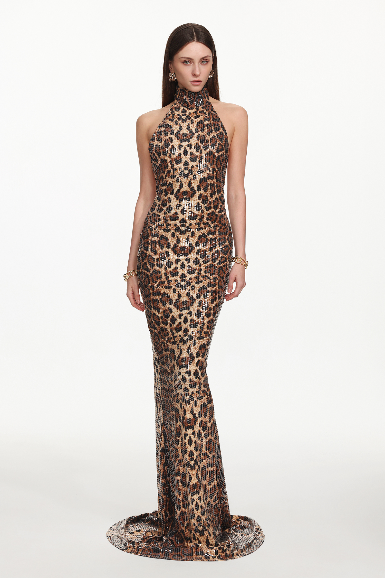 Myka Glamorous Contour Halter Leopard Print Sequin Maxi Dress