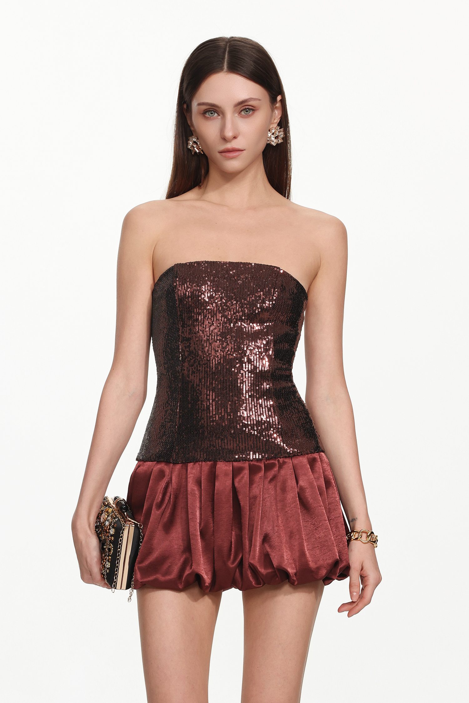 Hilvis Glamorous Contour Strapless Sequin Puffy Mini Dress