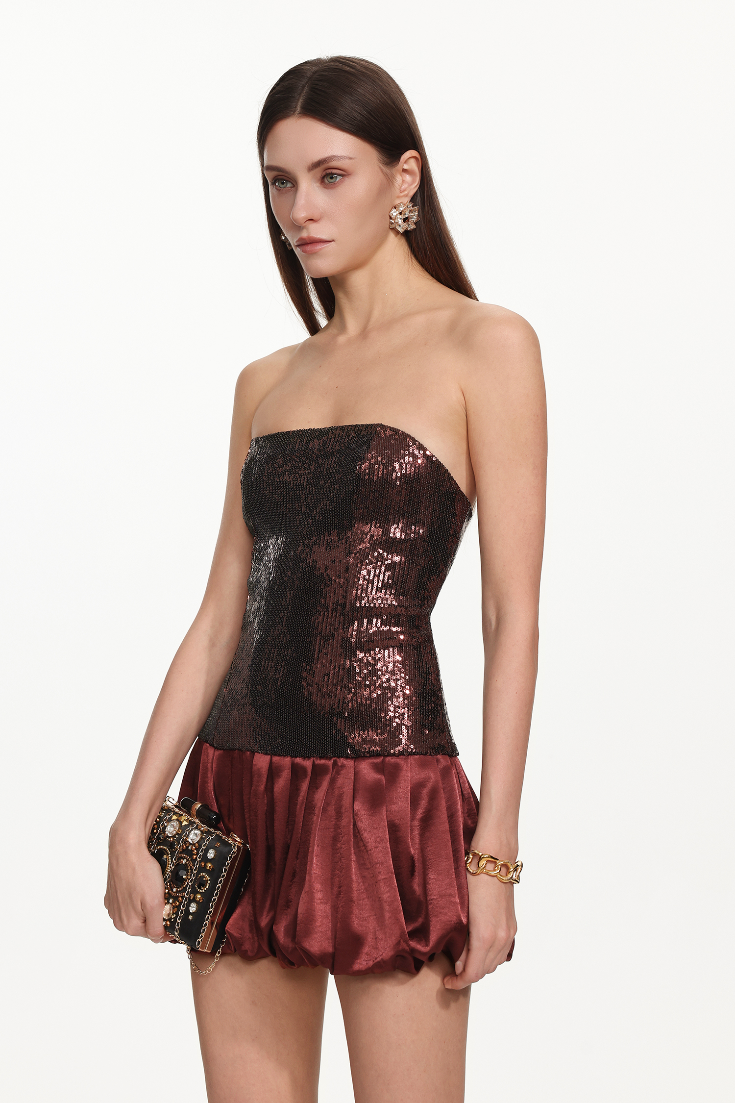 Hilvis Glamorous Contour Strapless Sequin Puffy Mini Dress