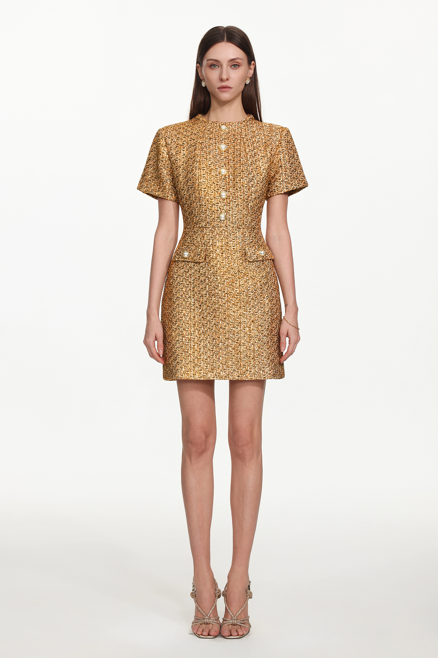 Vlafa Glamorous Tailored Short Sleeve Buttoned Tweed Mini Dress