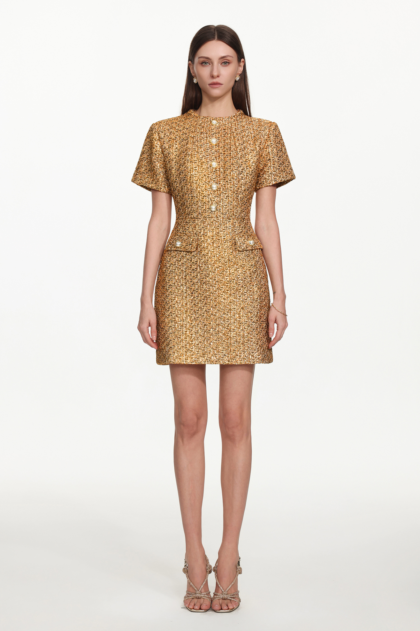 Vlafa Glamorous Tailored Short Sleeve Buttoned Tweed Mini Dress