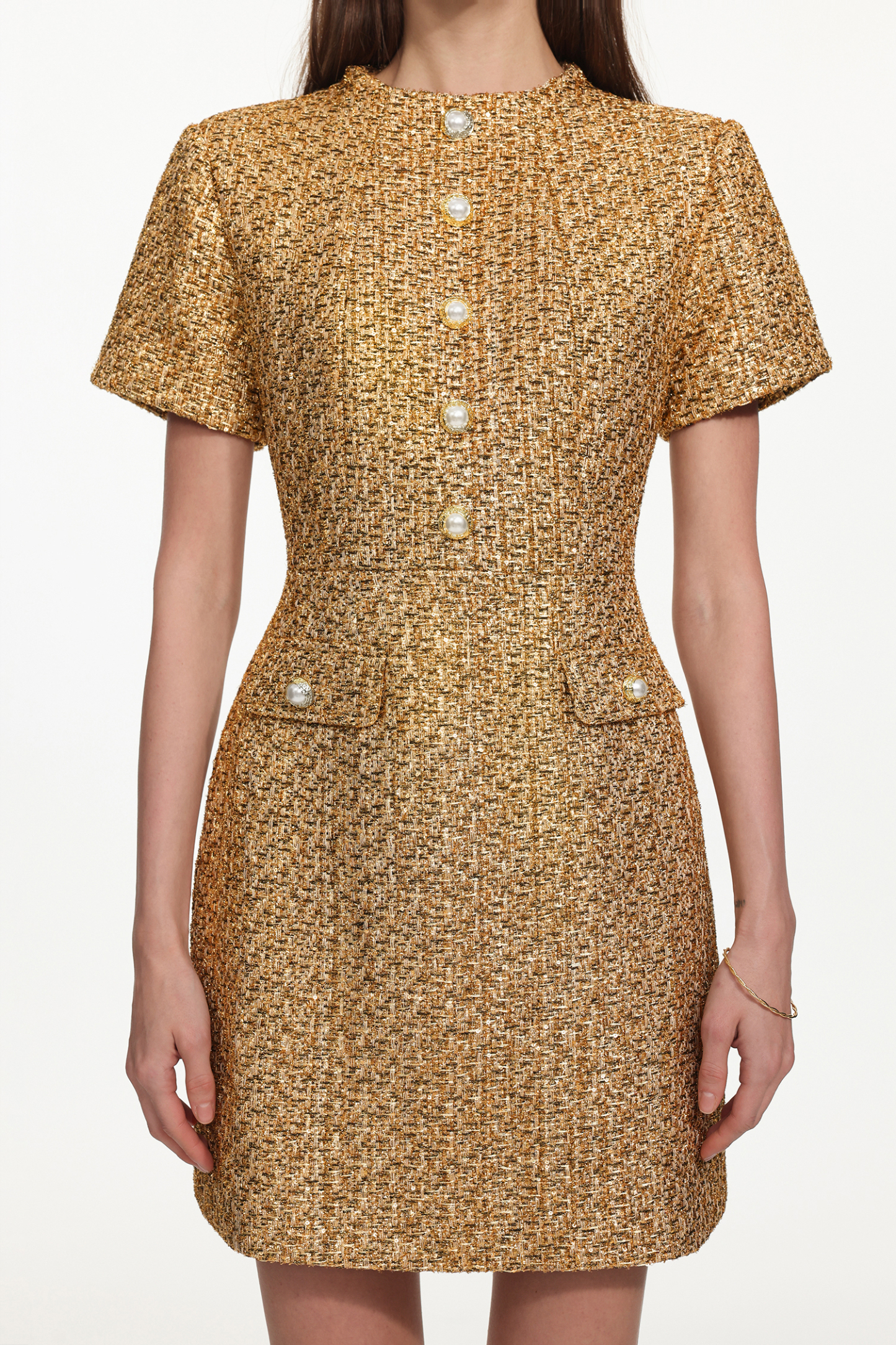Vlafa Glamorous Tailored Short Sleeve Buttoned Tweed Mini Dress