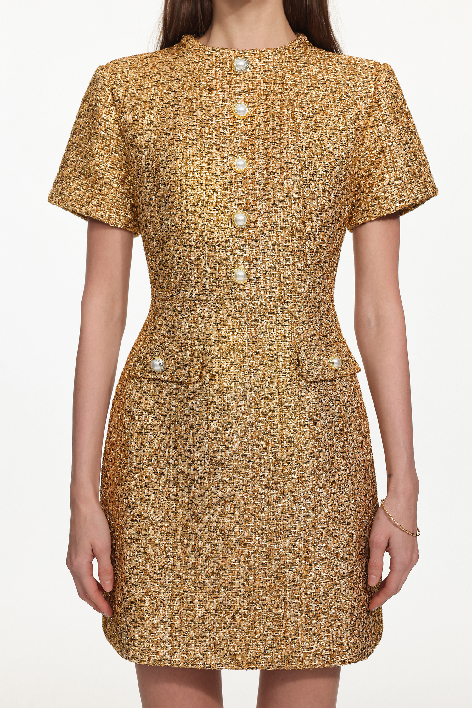 Vlafa Glamorous Tailored Short Sleeve Buttoned Tweed Mini Dress