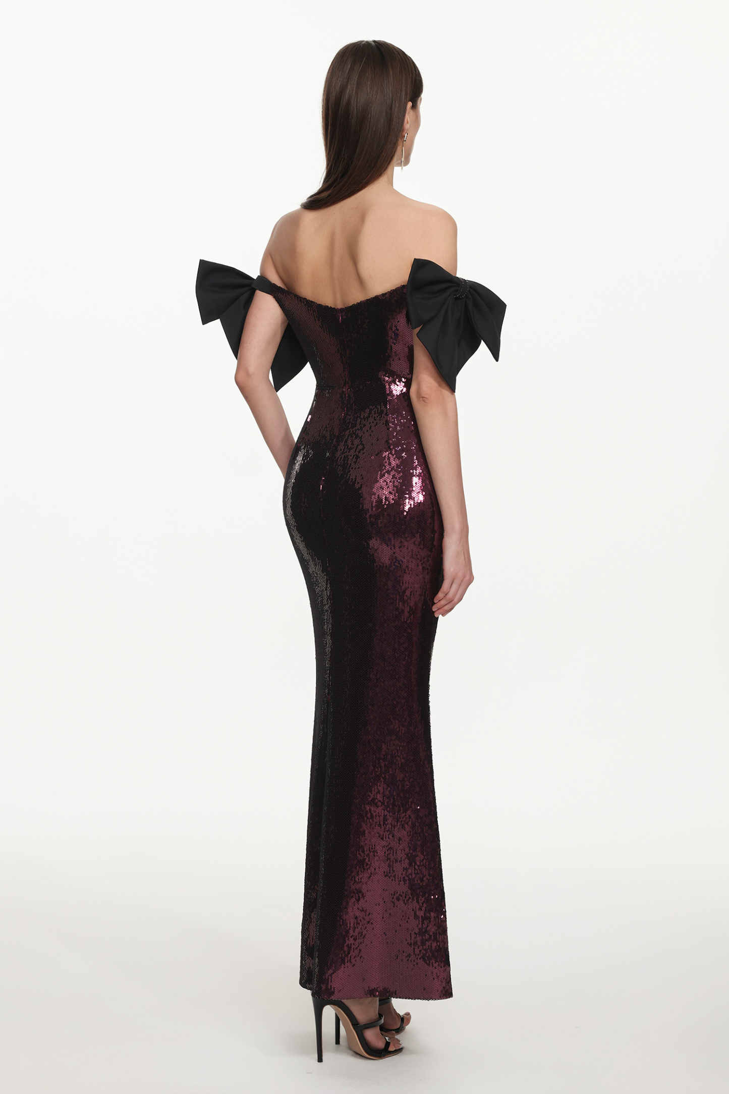 Uzaco Glamorous Contour Off Shoulder Bow Sequin Maxi Dress