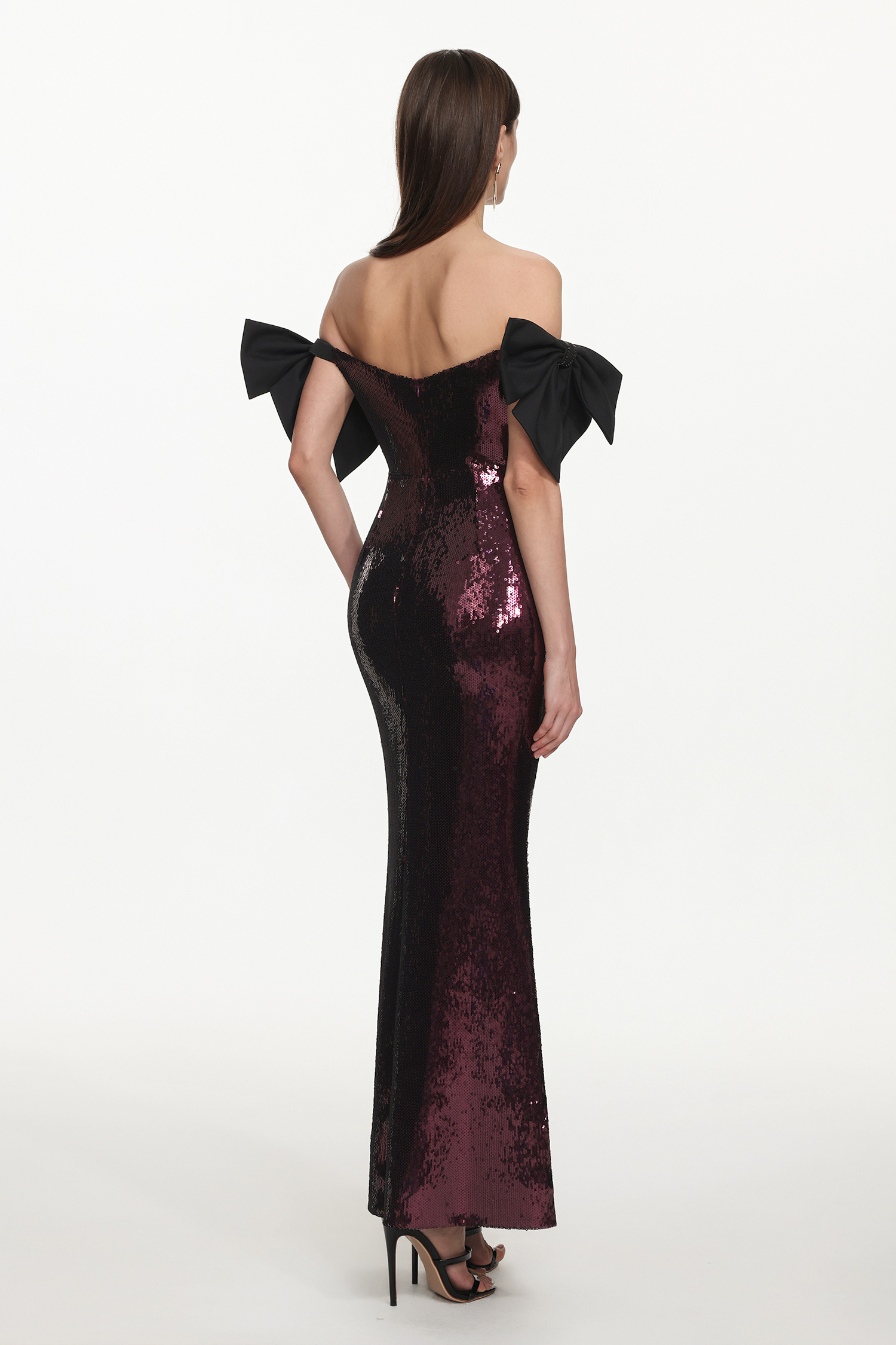 Uzaco Glamorous Contour Off Shoulder Bow Sequin Maxi Dress