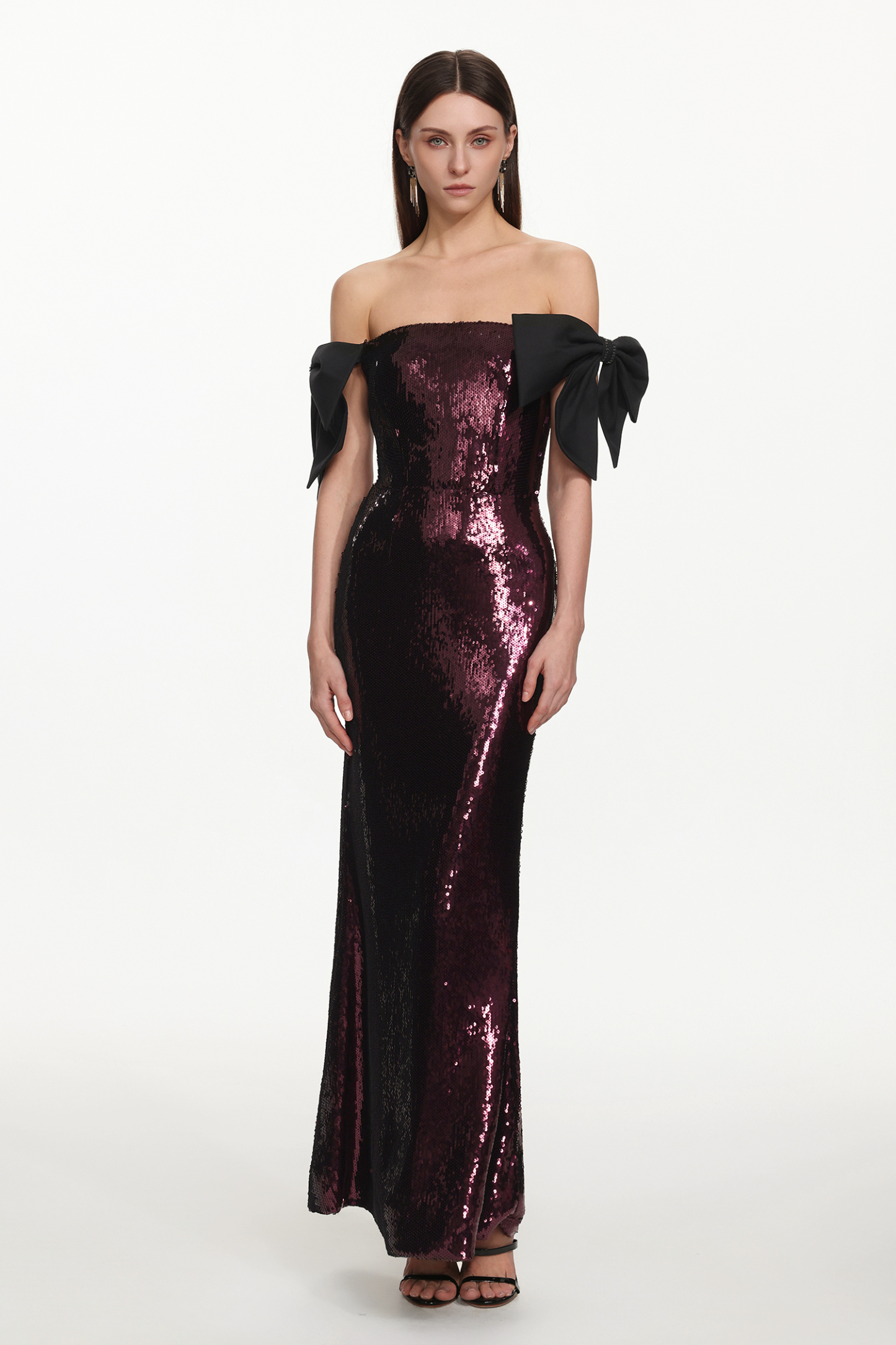 Uzaco Glamorous Contour Off Shoulder Bow Sequin Maxi Dress