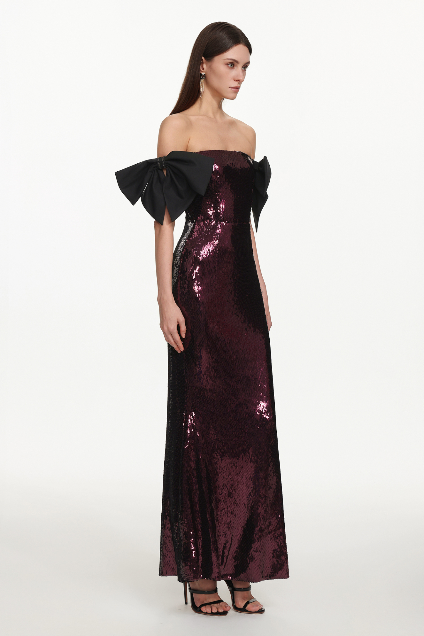 Uzaco Glamorous Contour Off Shoulder Bow Sequin Maxi Dress