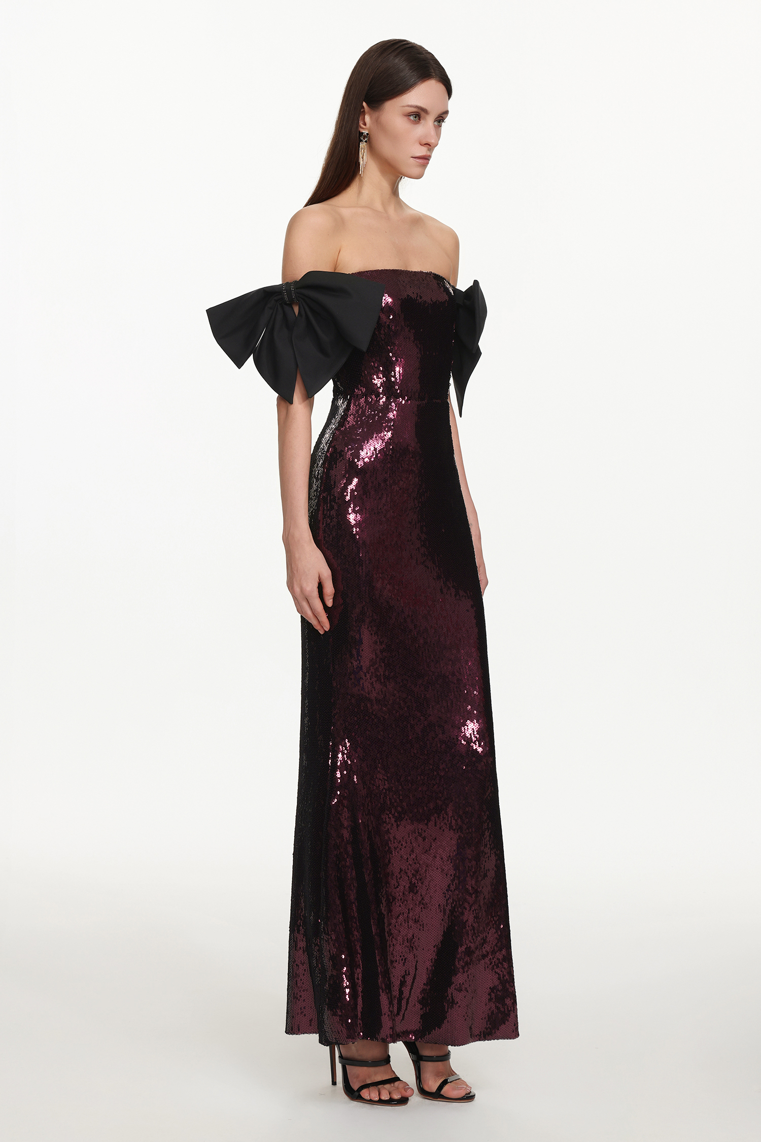 Uzaco Glamorous Contour Off Shoulder Bow Sequin Maxi Dress