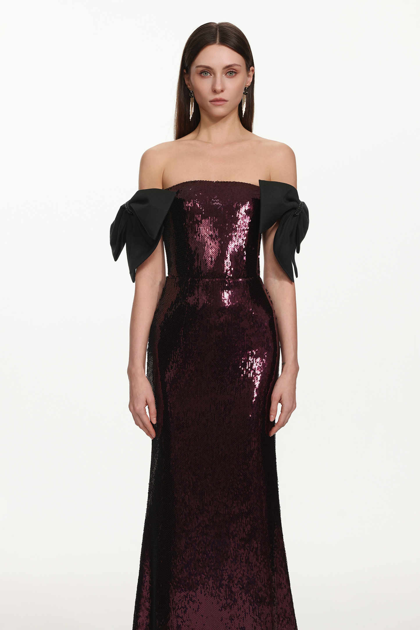 Uzaco Glamorous Contour Off Shoulder Bow Sequin Maxi Dress