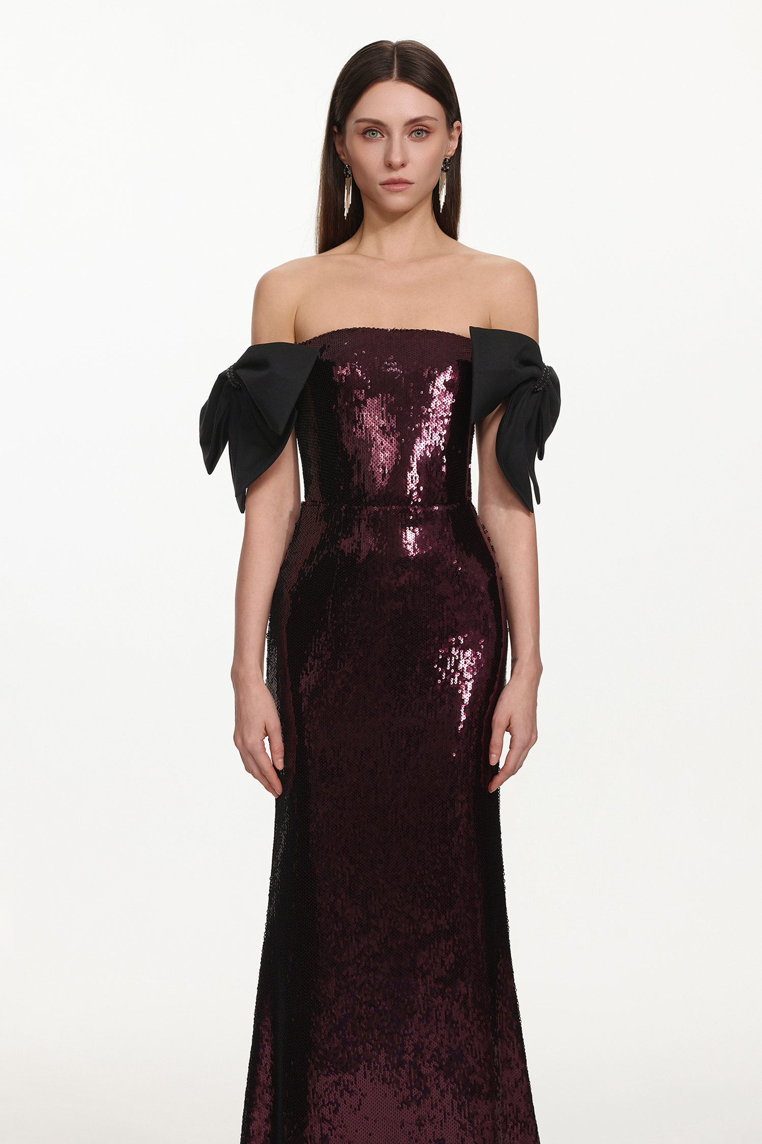 Uzaco Glamorous Contour Off Shoulder Bow Sequin Maxi Dress