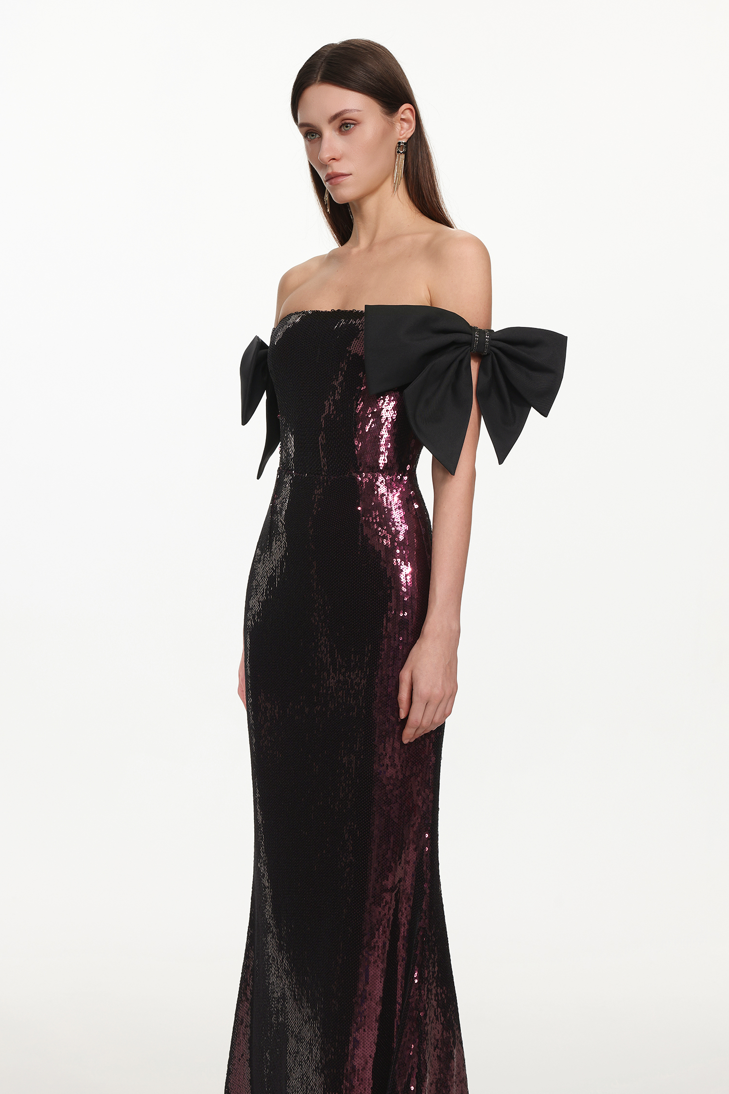 Uzaco Glamorous Contour Off Shoulder Bow Sequin Maxi Dress