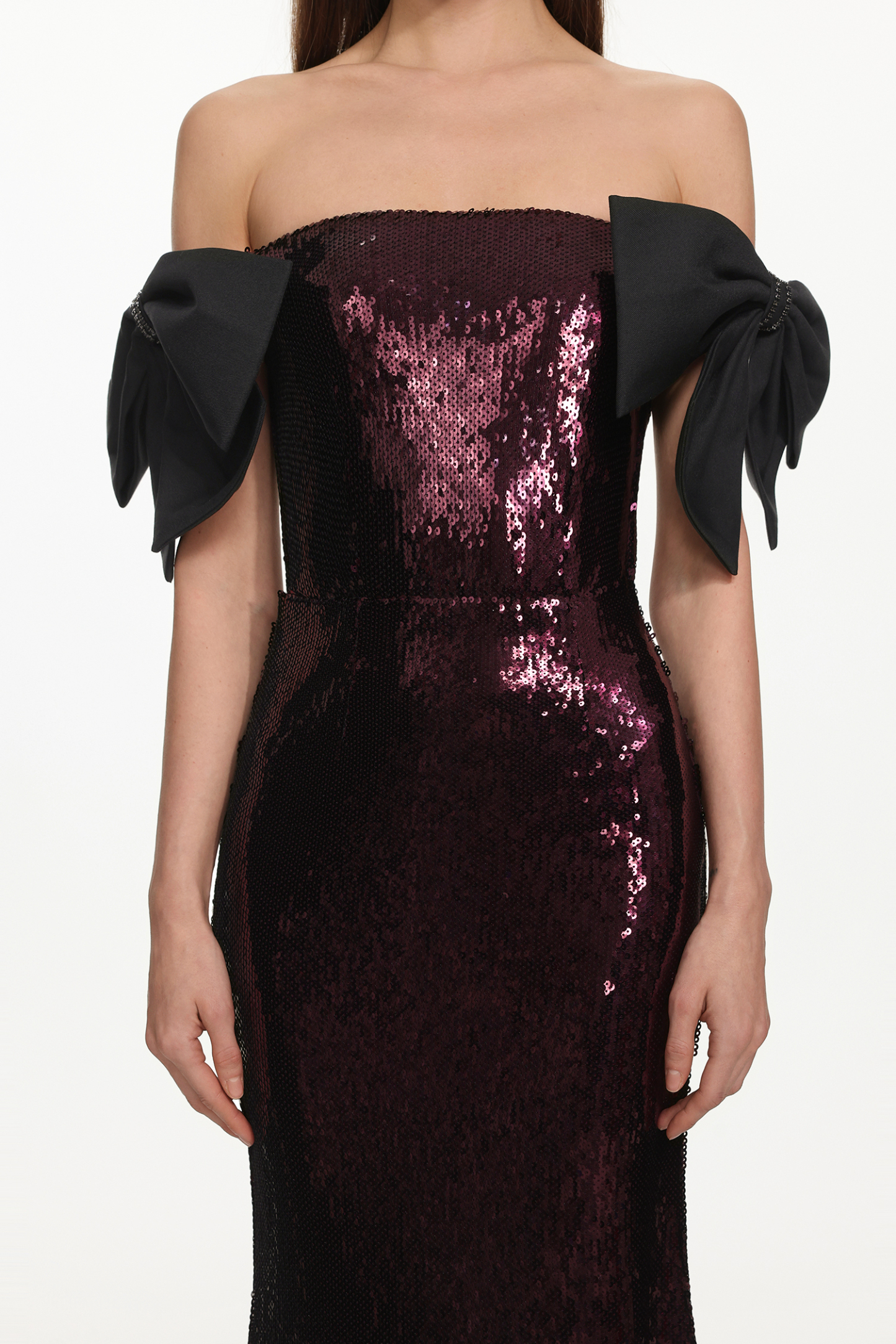 Uzaco Glamorous Contour Off Shoulder Bow Sequin Maxi Dress