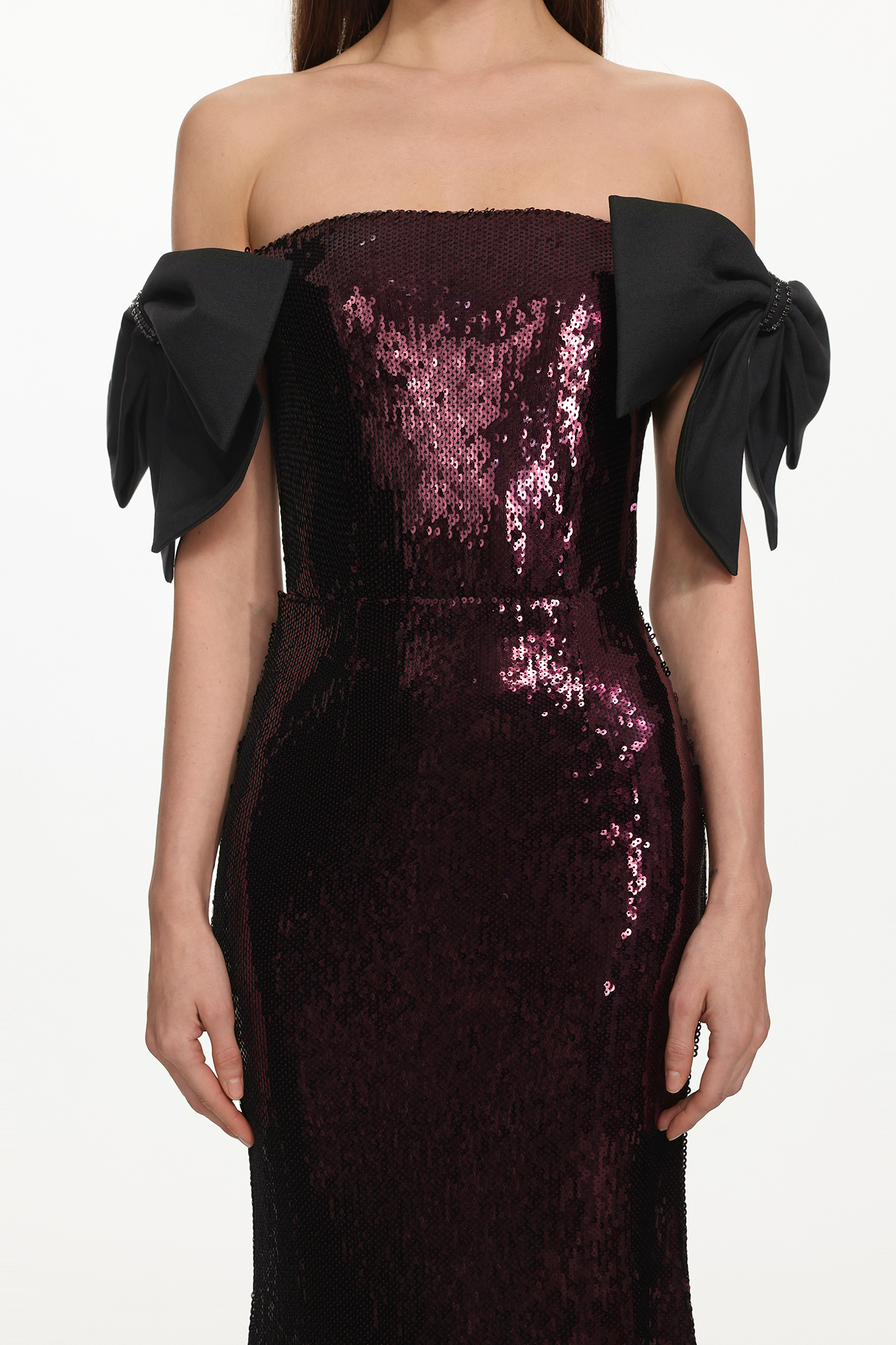 Uzaco Glamorous Contour Off Shoulder Bow Sequin Maxi Dress