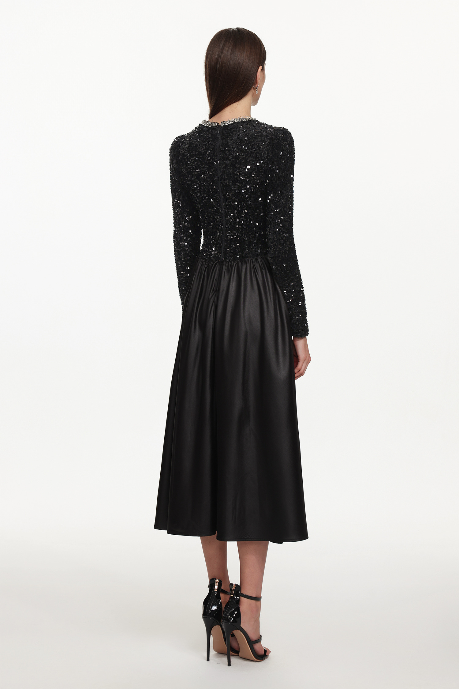 Larina Glamorous Contour Long Sleeve Rhinestone Sequin Satin Maxi Dress