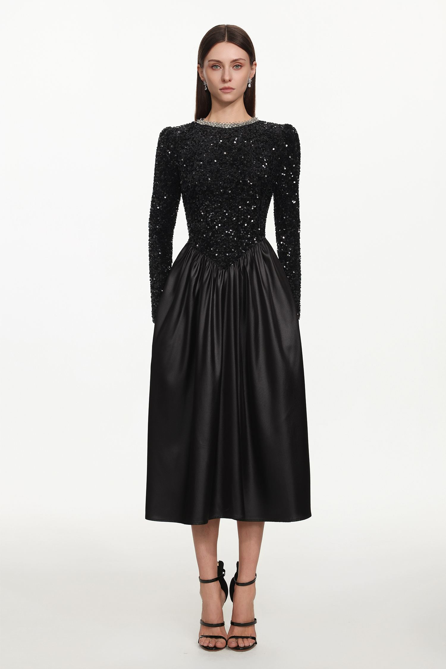 Larina Glamorous Contour Long Sleeve Rhinestone Sequin Satin Maxi Dress