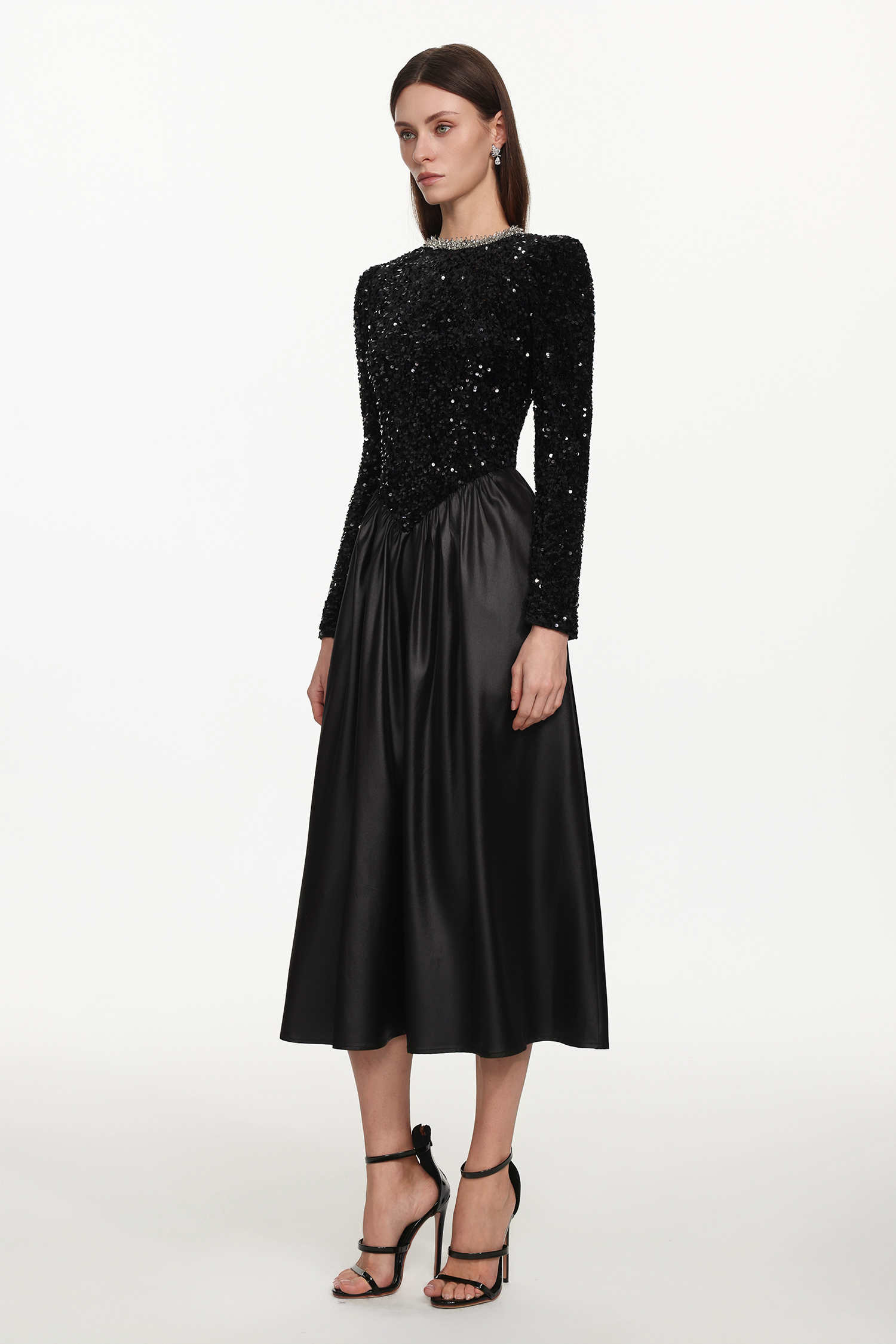 Larina Glamorous Contour Long Sleeve Rhinestone Sequin Satin Maxi Dress