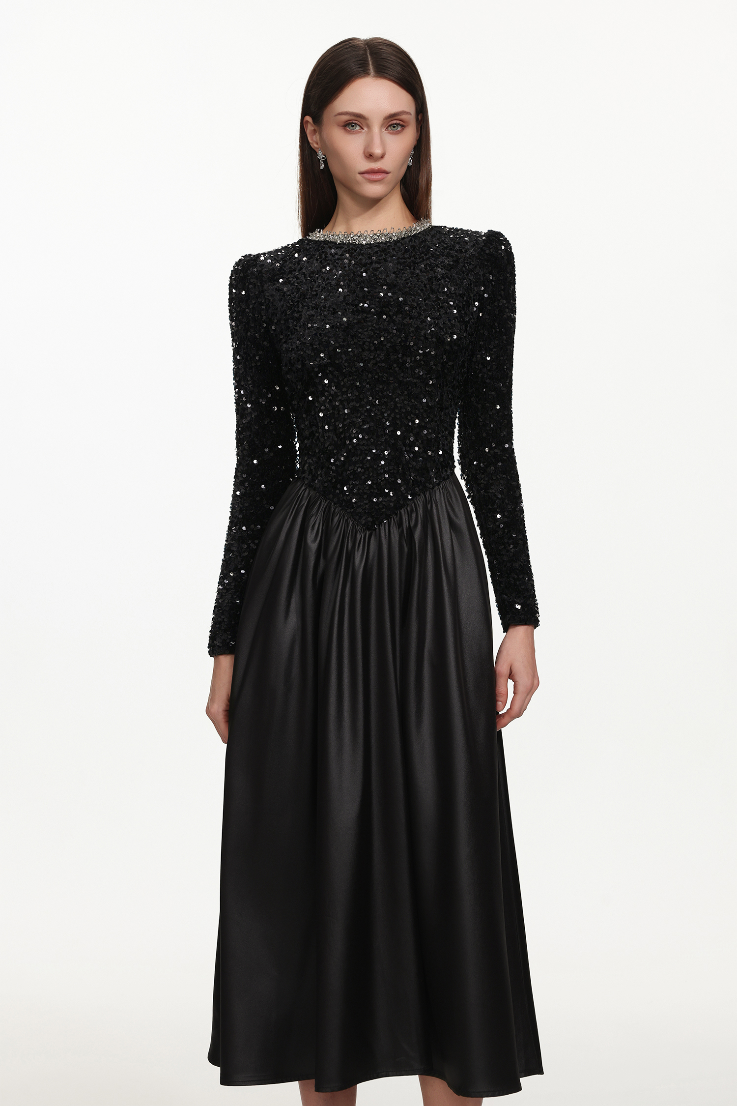 Larina Glamorous Contour Long Sleeve Rhinestone Sequin Satin Maxi Dress