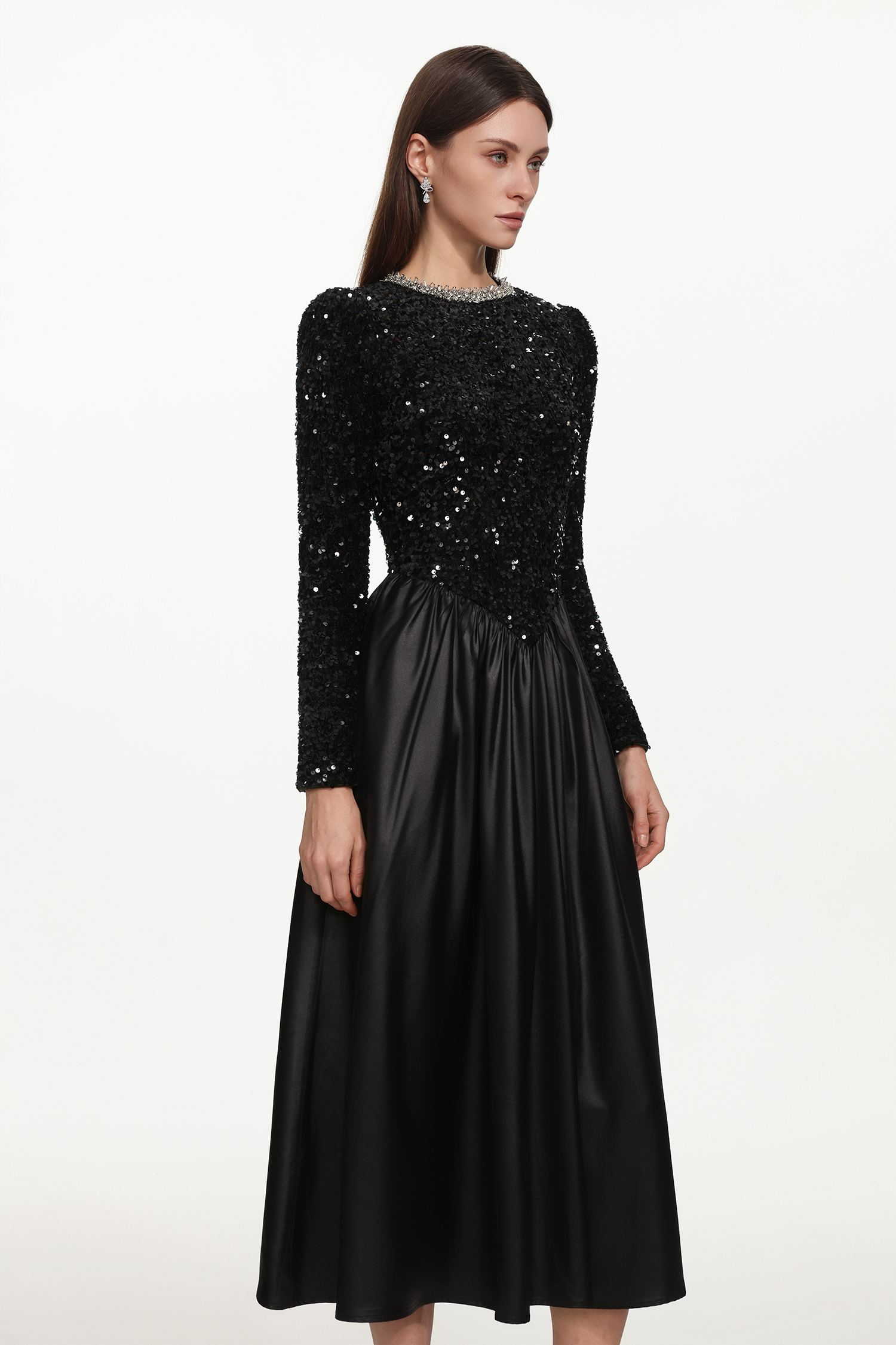 Larina Glamorous Contour Long Sleeve Rhinestone Sequin Satin Maxi Dress