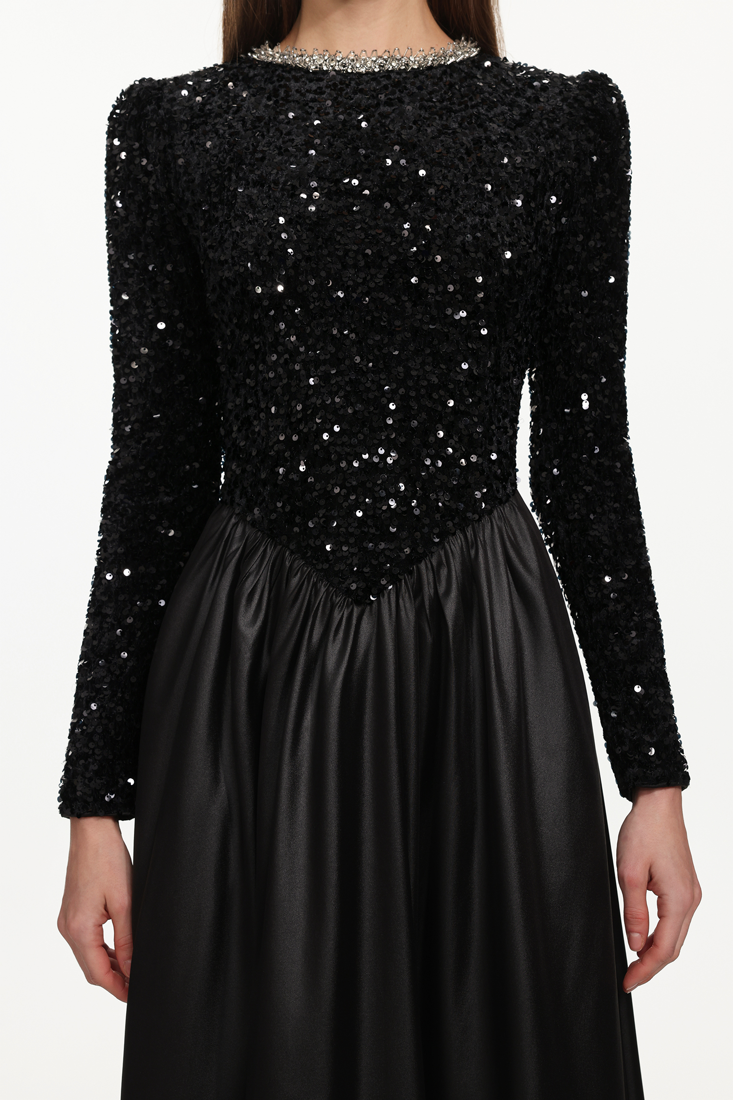 Larina Glamorous Contour Long Sleeve Rhinestone Sequin Satin Maxi Dress