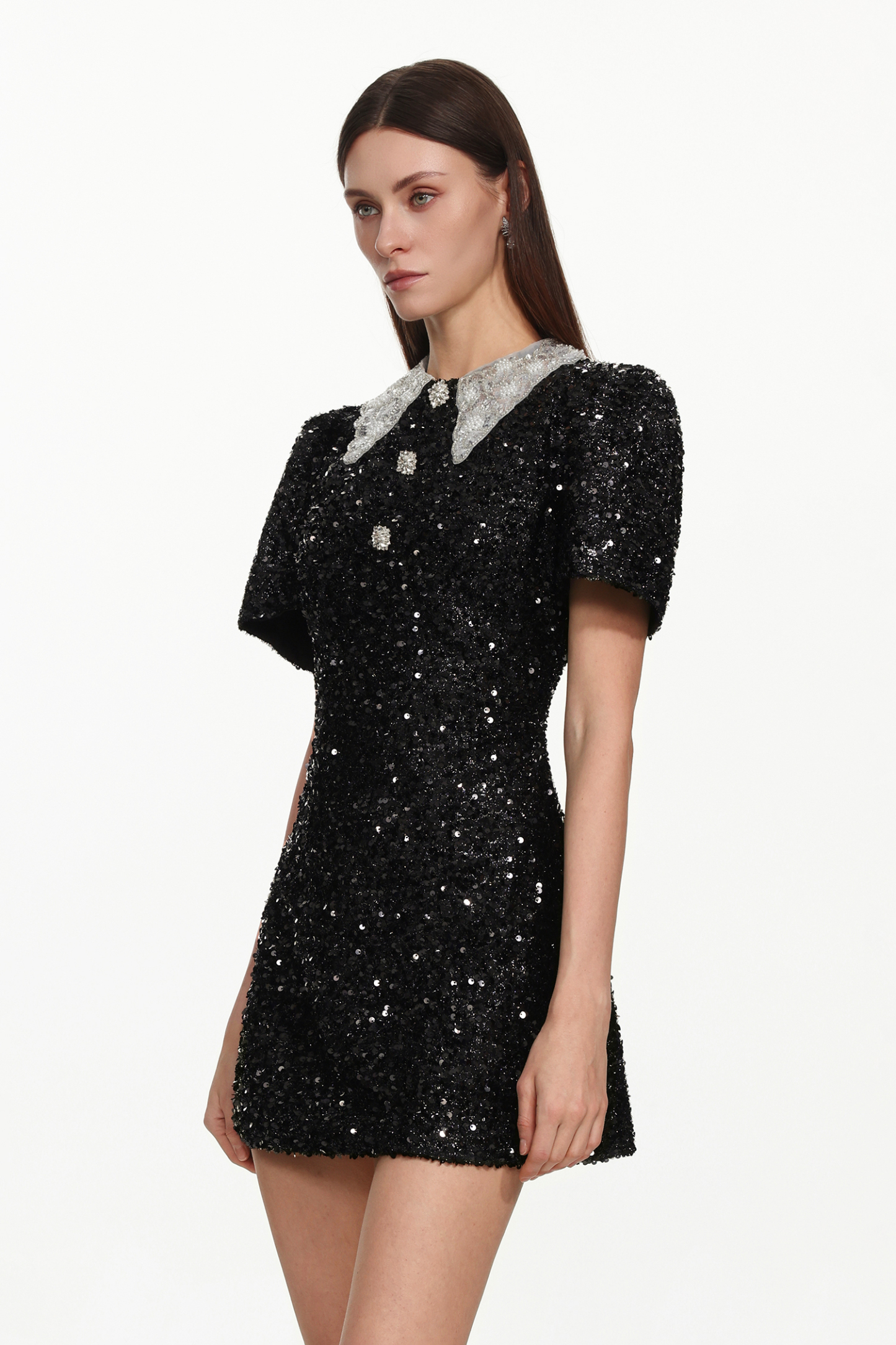 Linette Classic Tailored Short Sleeve Buttoned Contrast Collar Sequin Mini Dress