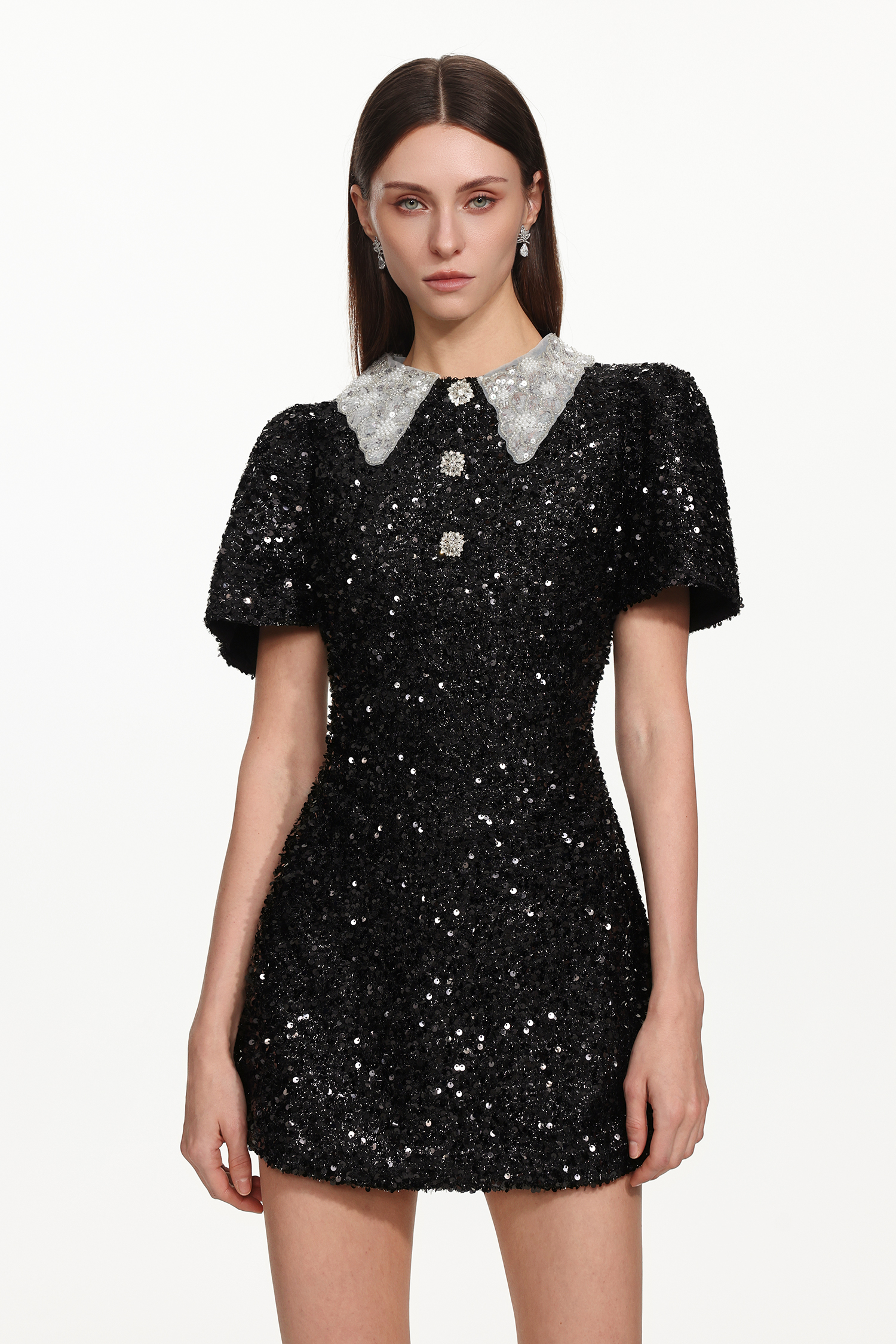 Linette Classic Tailored Short Sleeve Buttoned Contrast Collar Sequin Mini Dress