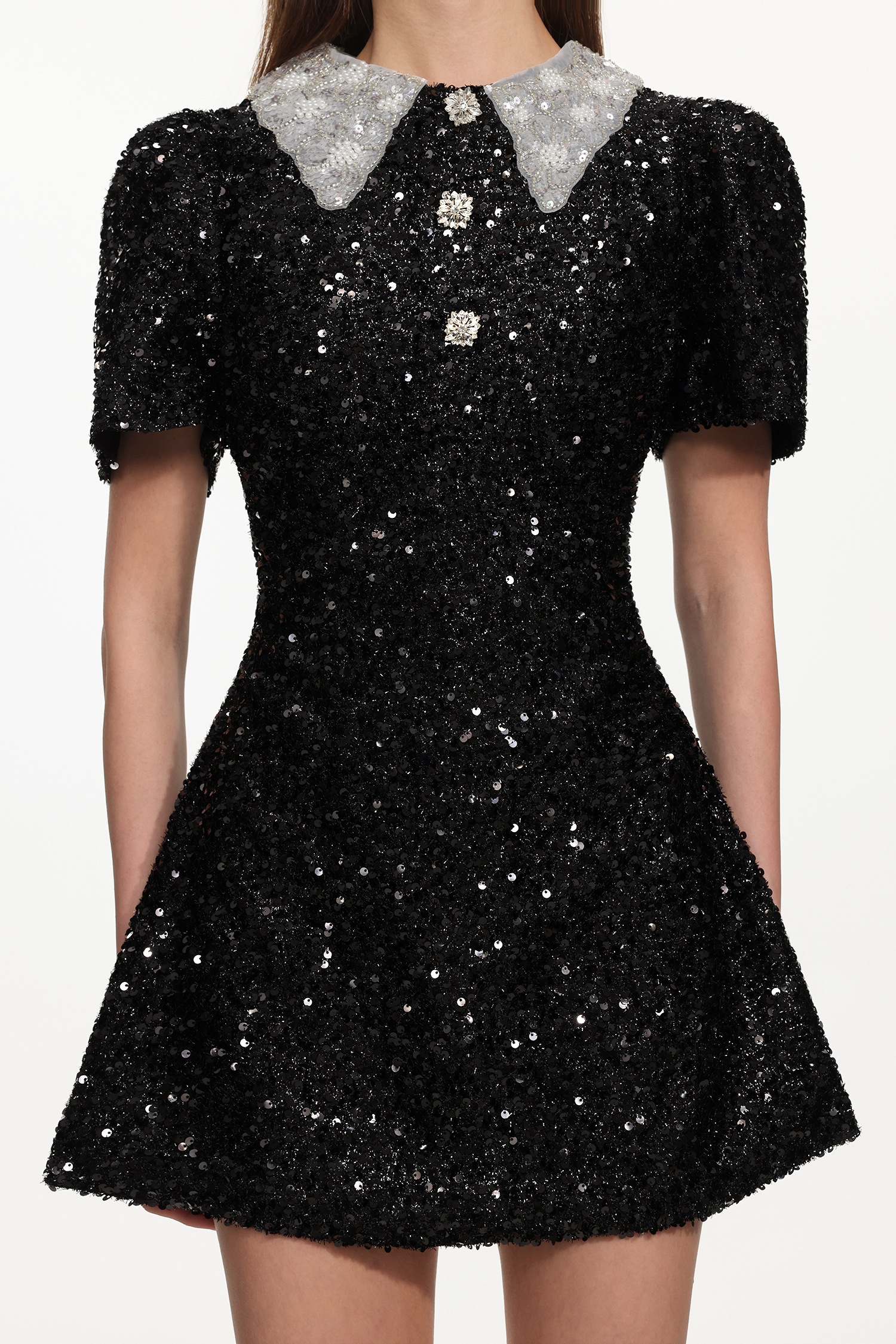 Linette Classic Tailored Short Sleeve Buttoned Contrast Collar Sequin Mini Dress