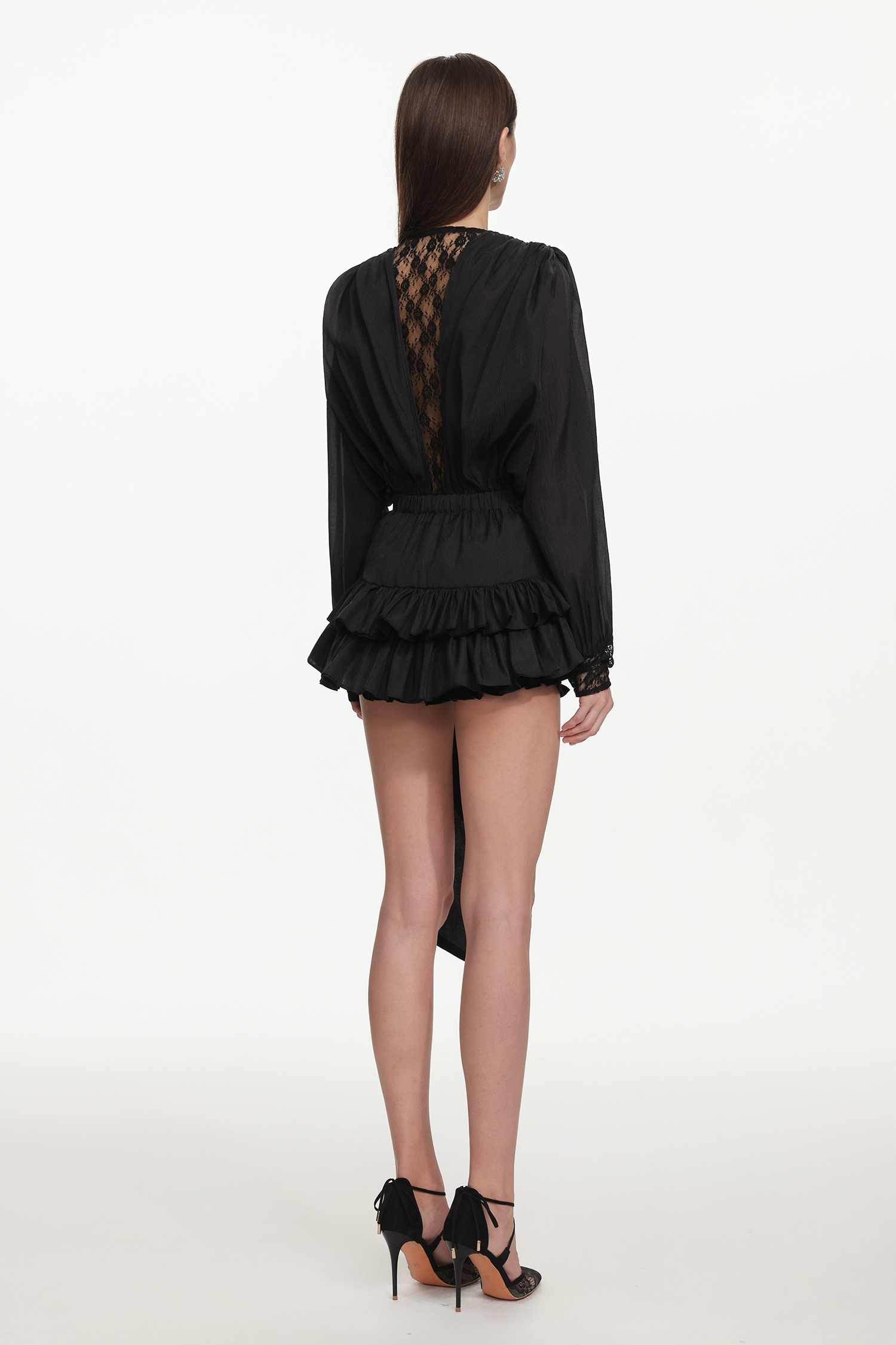 Ona Chic Flowy Long Sleeve Buttoned Ruched Lace Woven Mini Dress