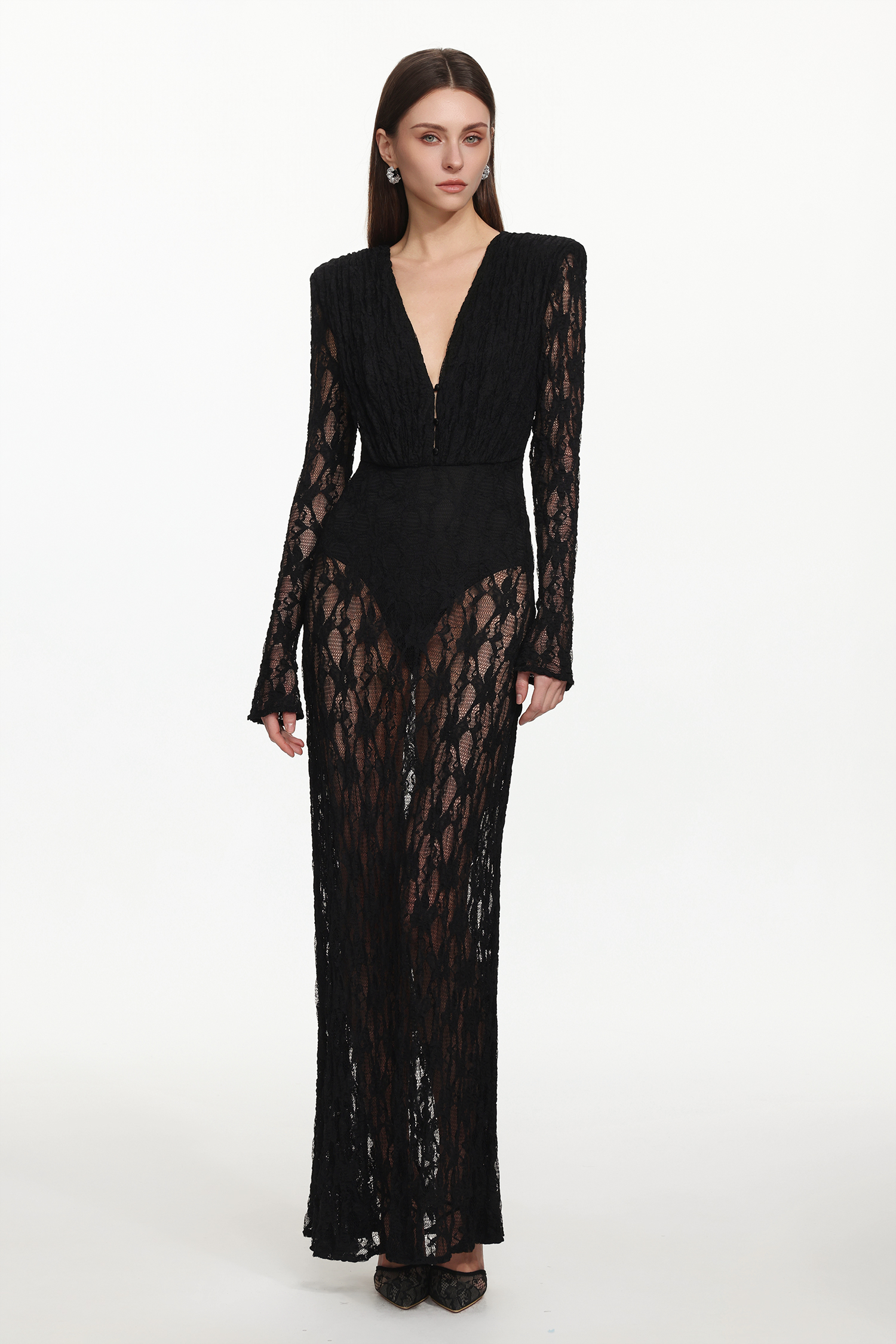 Xanty Chic Contour Deep V Long Sleeve Lace Maxi Dress