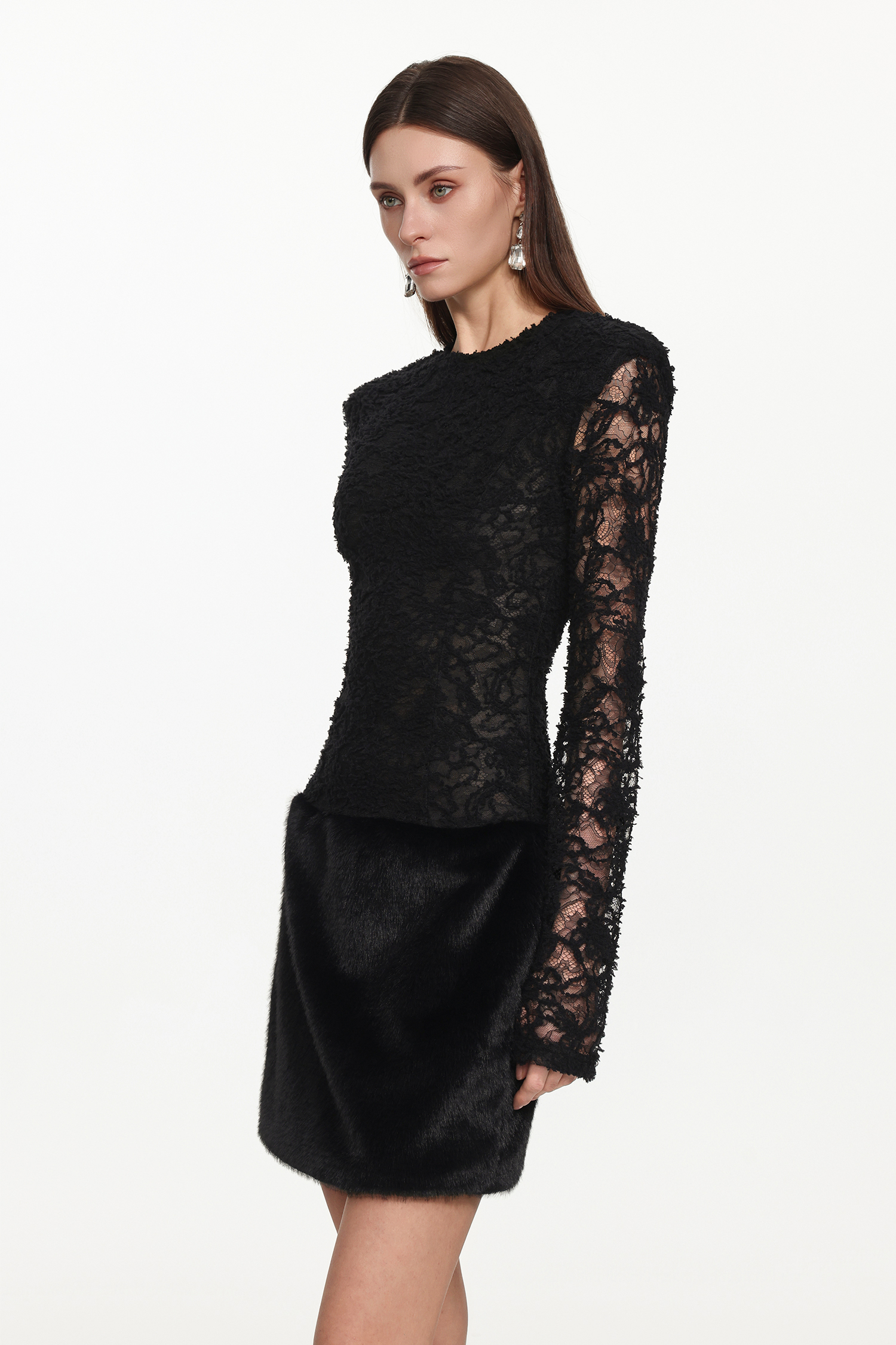 Wanda Chic Contour Long Sleeve Lace Faux Fur Mini Dress