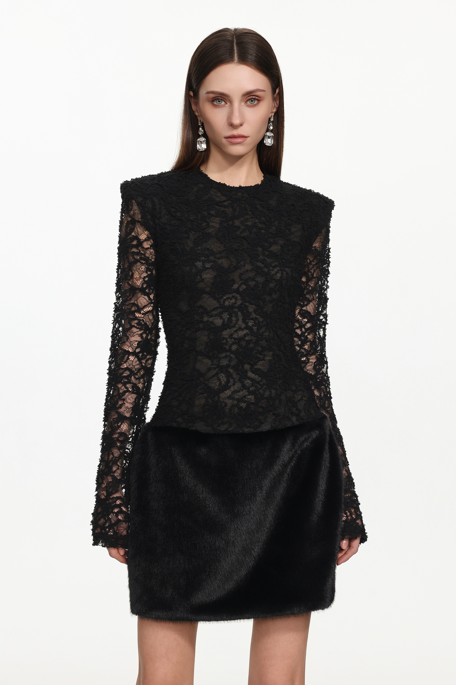 Wanda Chic Contour Long Sleeve Lace Faux Fur Mini Dress