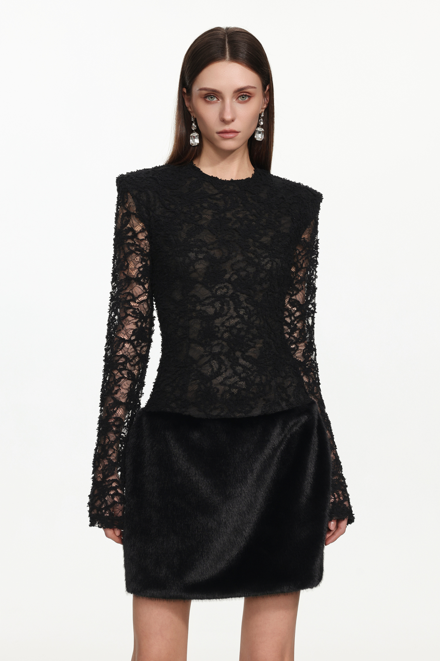 Wanda Chic Contour Long Sleeve Lace Faux Fur Mini Dress