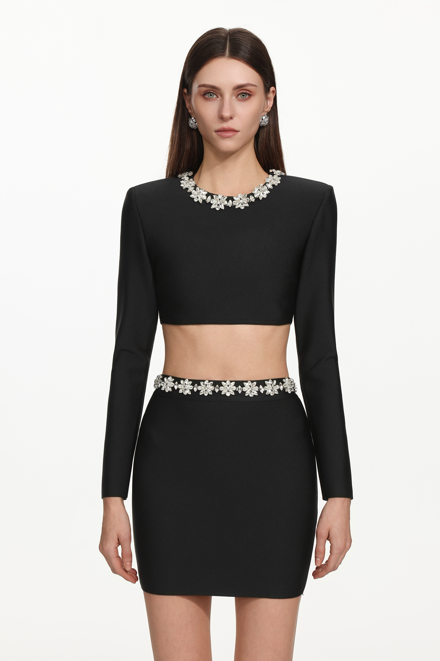 Lerae Chic Contour Long Sleeve Rhinestone Bandage Top and Skirt Set