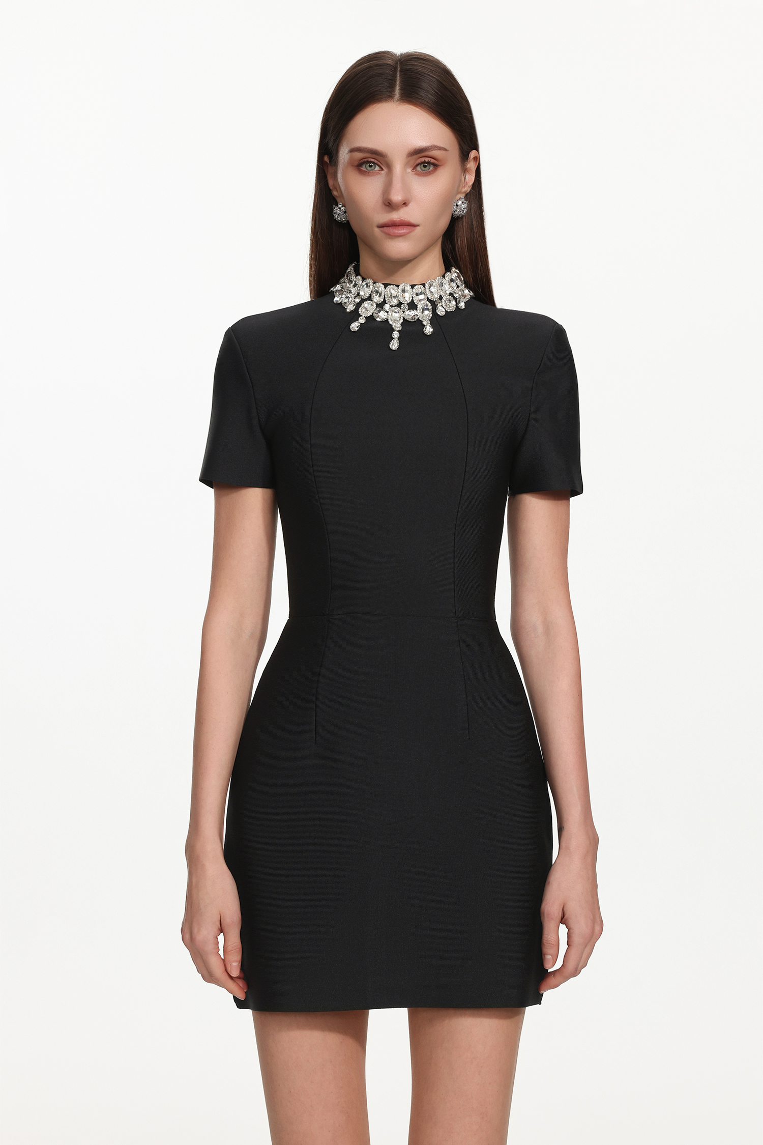 Mikao Chic Contour Short Sleeve Rhinestone Bandage Mini Dress