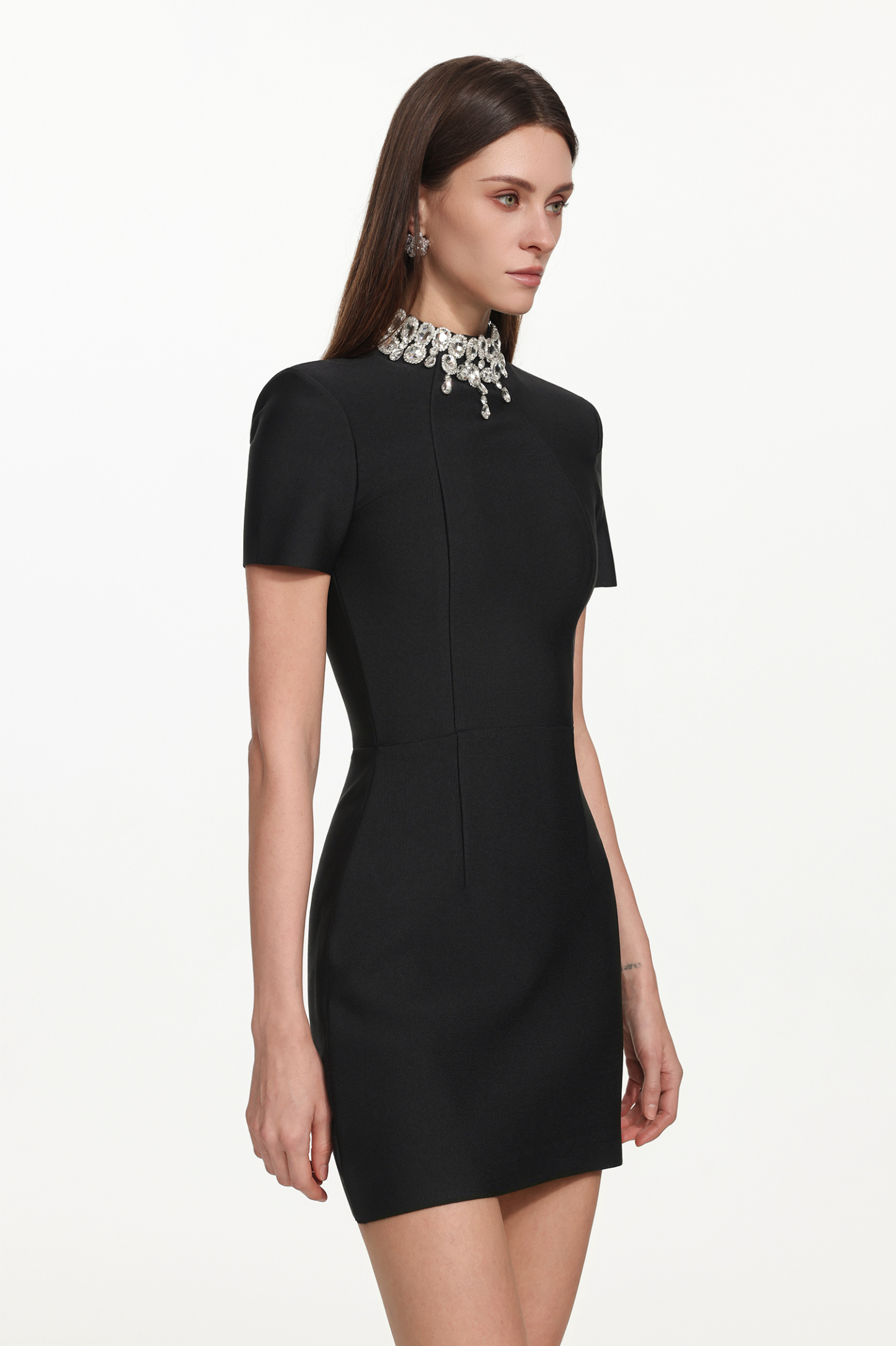 Mikao Chic Contour Short Sleeve Rhinestone Bandage Mini Dress