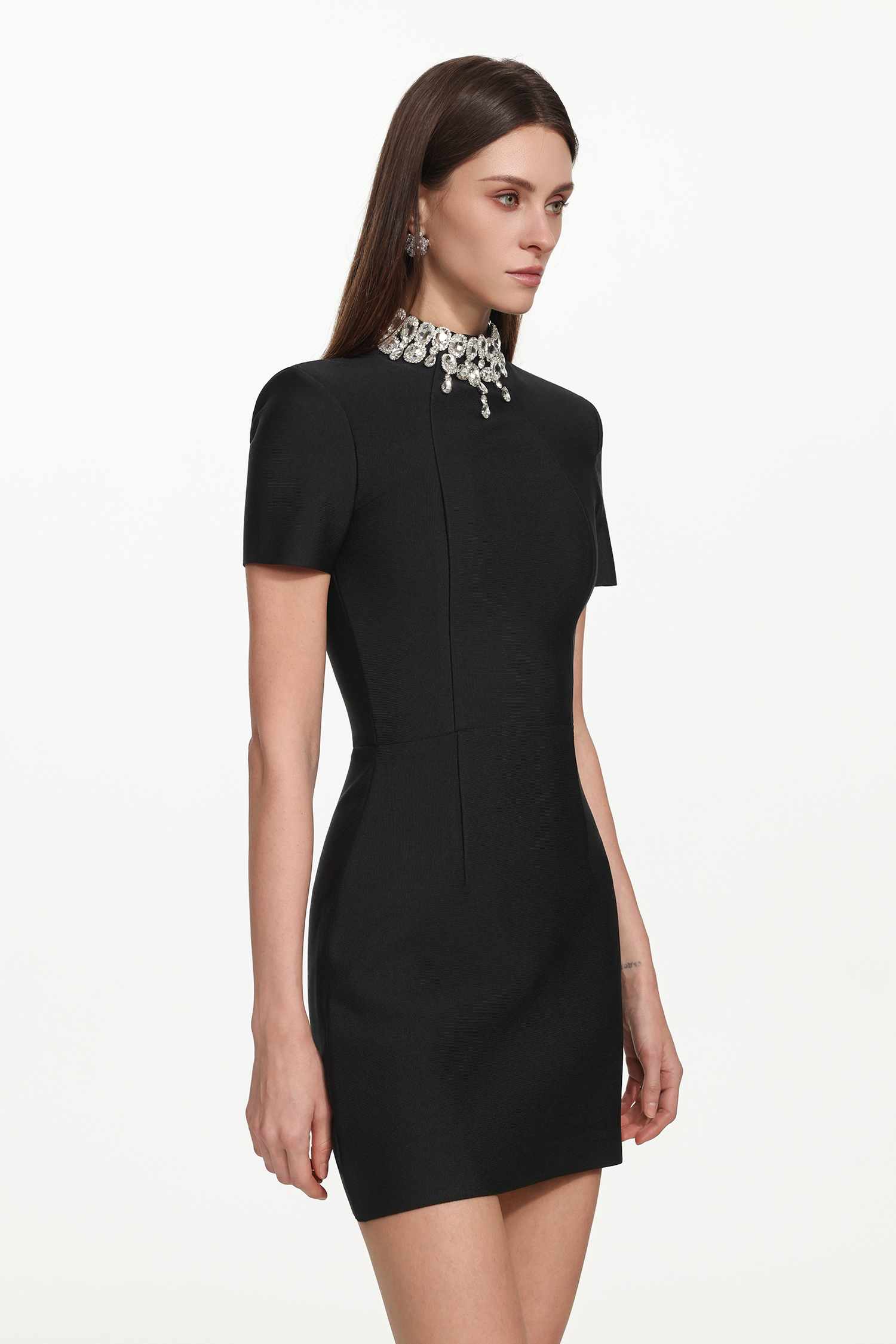 Mikao Chic Contour Short Sleeve Rhinestone Bandage Mini Dress