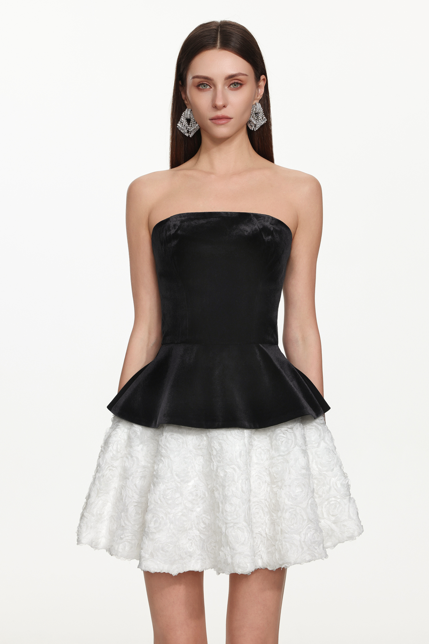 Jillian Classic Tailored Strapless Contrast Floral Velvet Mini Dress