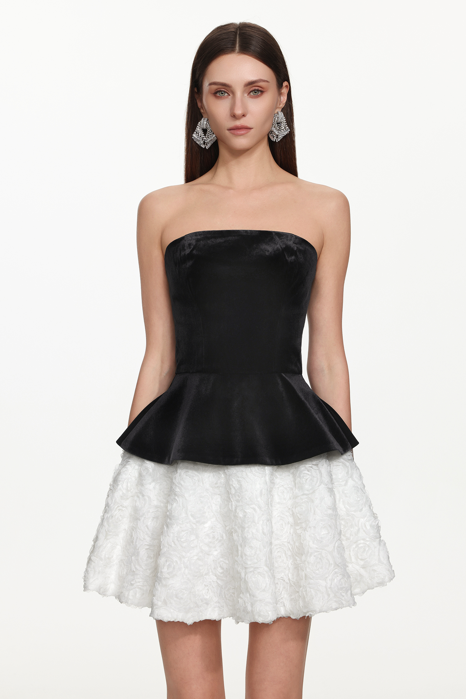 Jillian Classic Tailored Strapless Contrast Floral Velvet Mini Dress