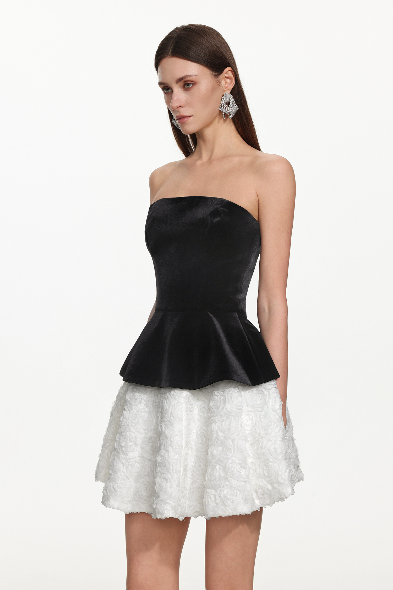 Jillian Classic Tailored Strapless Contrast Floral Velvet Mini Dress