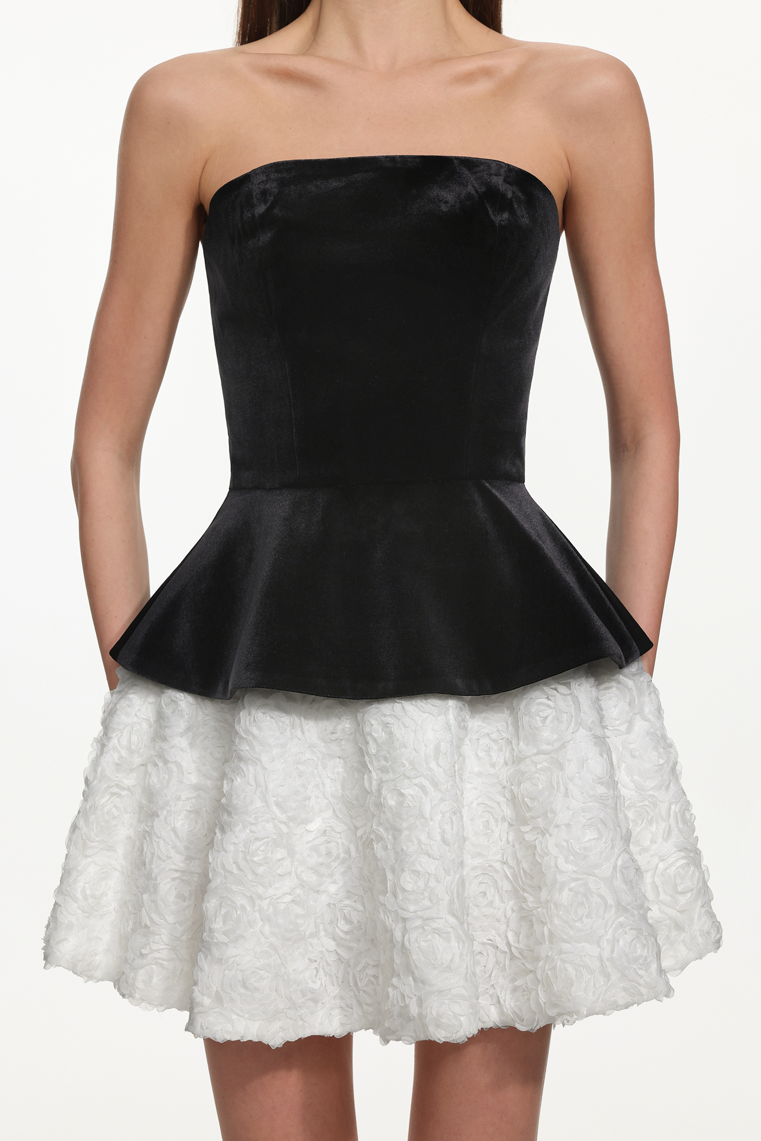 Jillian Classic Tailored Strapless Contrast Floral Velvet Mini Dress