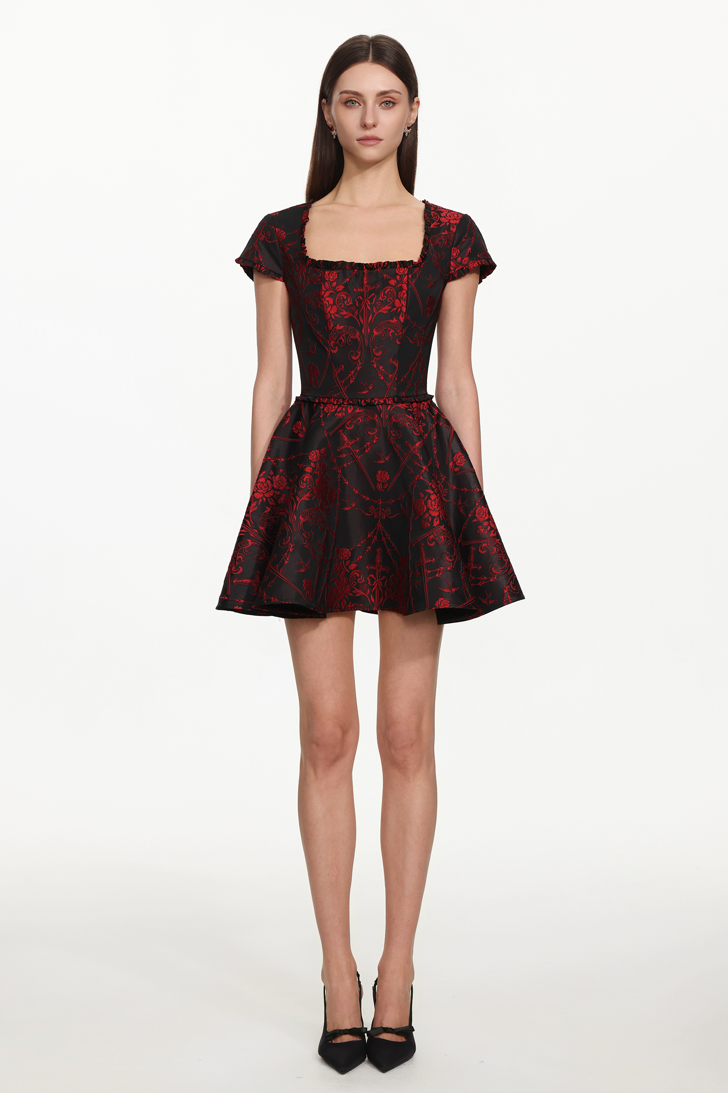 Gail Romantic Tailored Square Neck Short Sleeeve Print Mini Dress